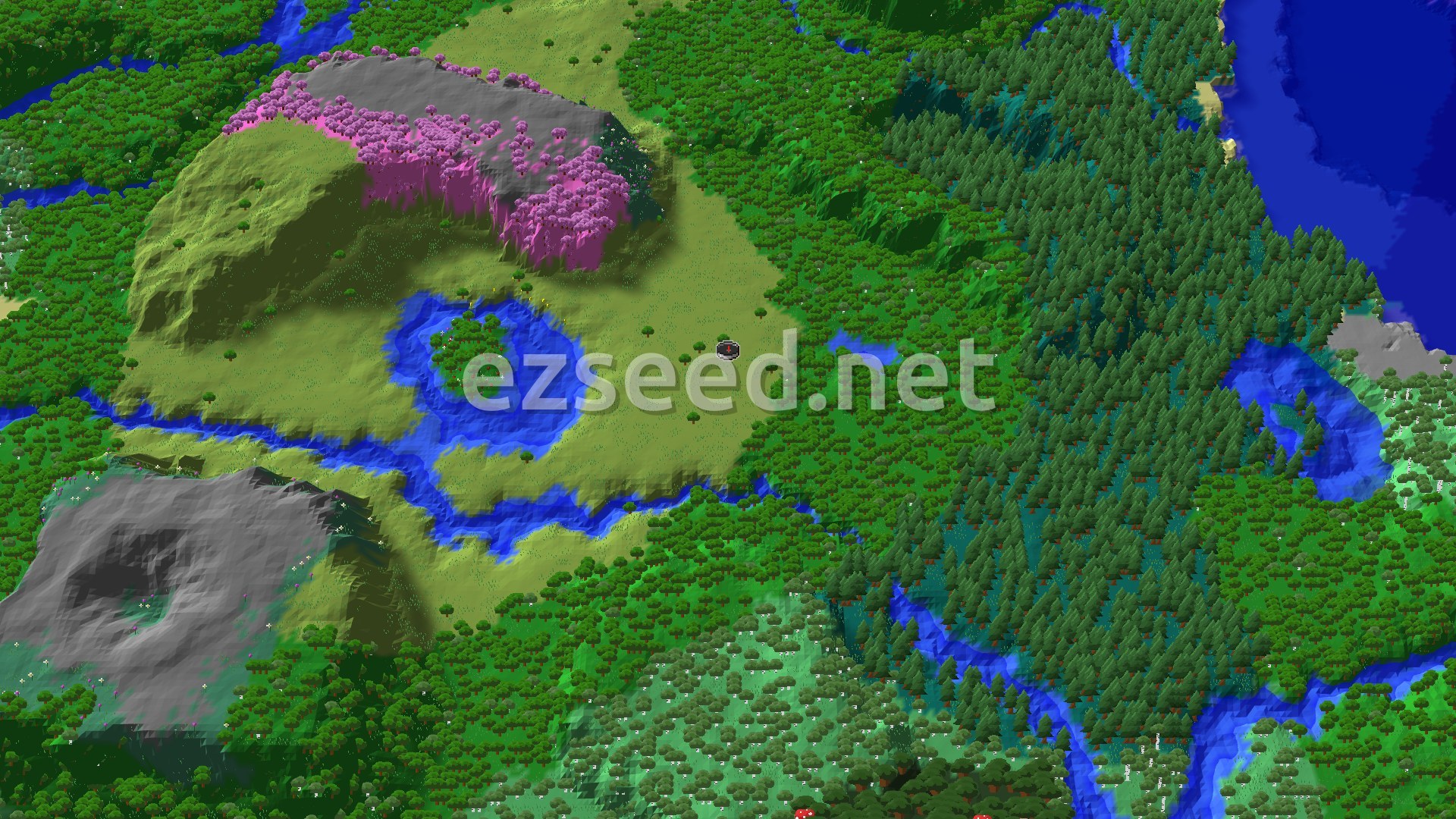 A grassy plains clearing with a small pond, a pink cherry grove on a grey hillside to the north-west, and dense forest and river channels all around.