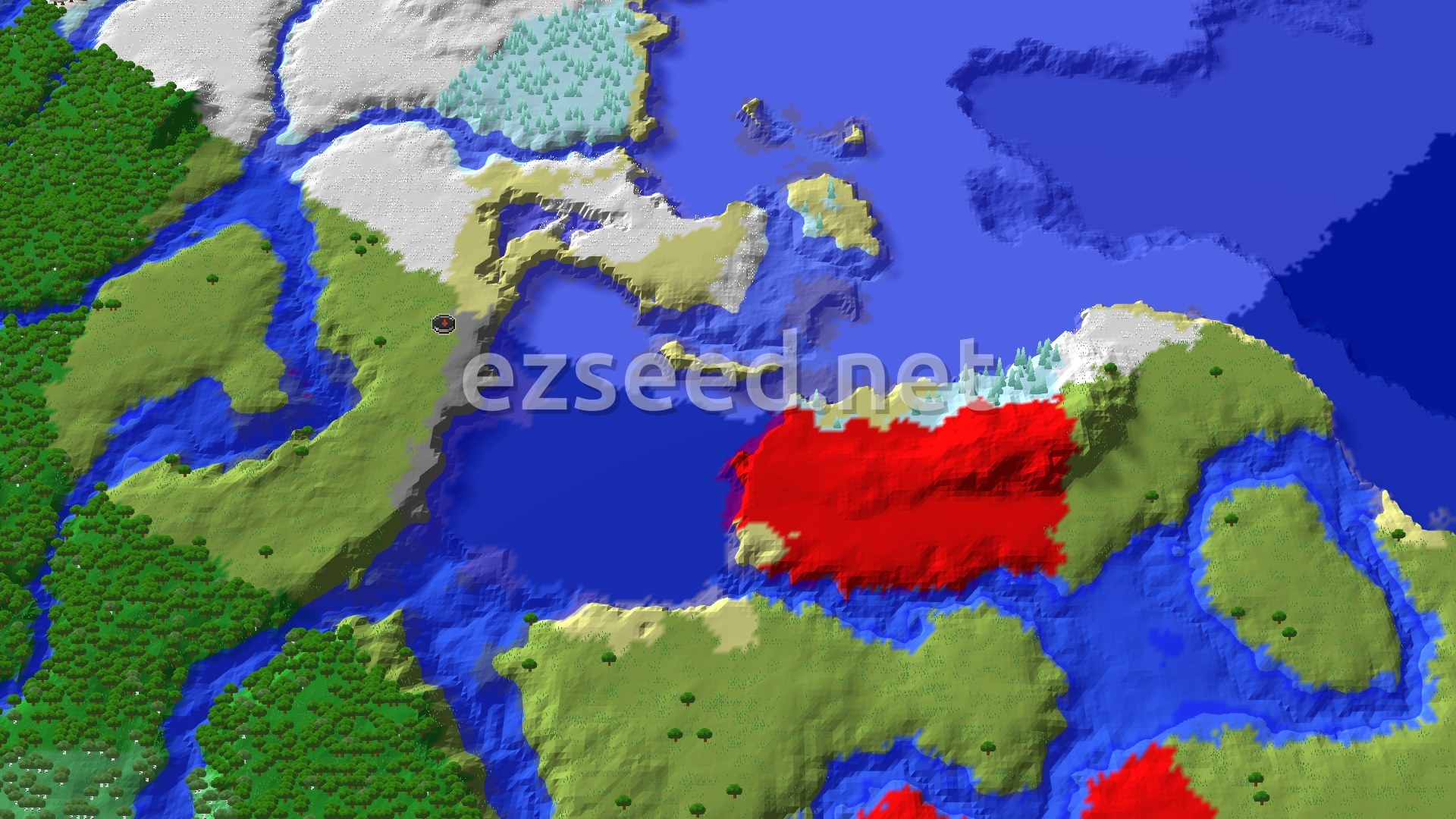 A grey stony shoreline beside a large dark bay, with grassy plains to the south, dense forest to the west and snow-capped land to the north.