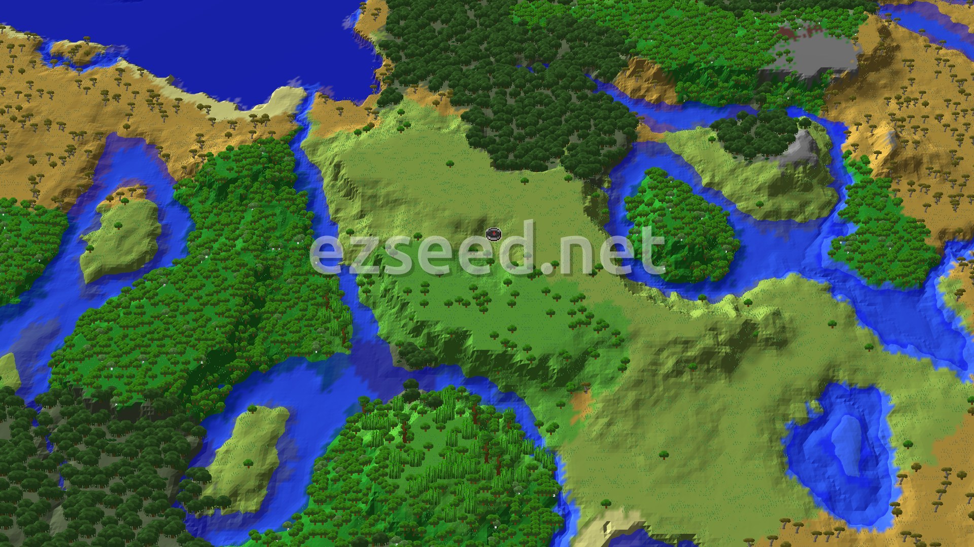 An aerial view of a mostly green landscape with patches of brown and blue rivers, centered on a grassy plain with sparse trees.