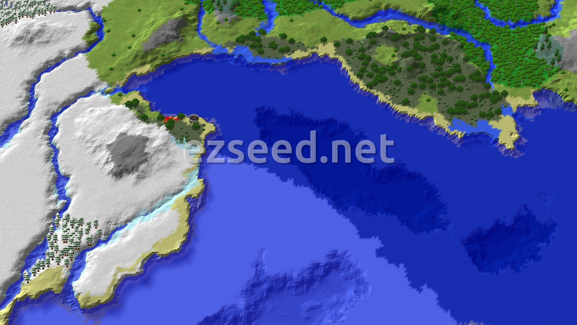 A 3D render of the world around spawn, showing a large blue ocean with coastlines featuring green forests, white snowy plains and ice spikes, and a small swamp near the center with a spawn marker.