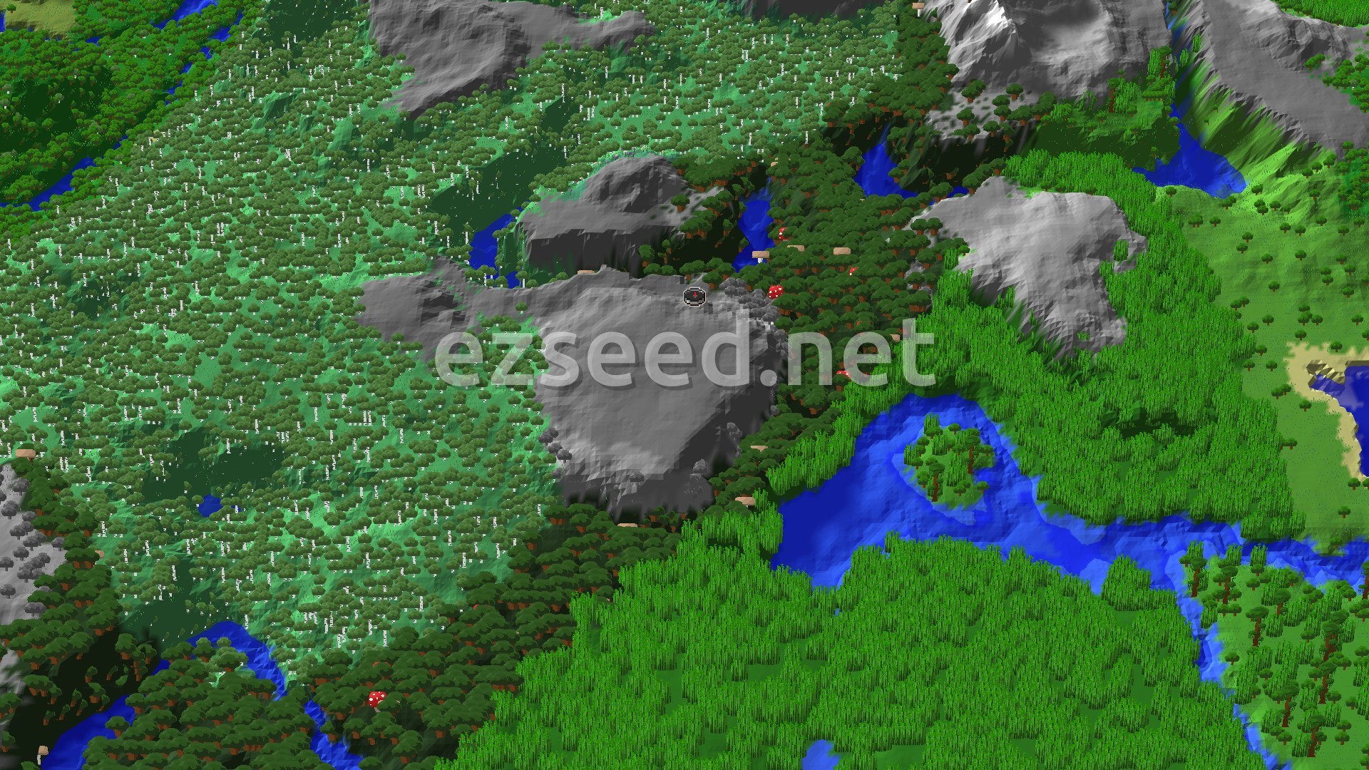 A bare grey hilltop at the centre, ringed by dark oak forest and birch woodland, with a river and tall bamboo-green jungle to the south and snowy peaks at the top edge.