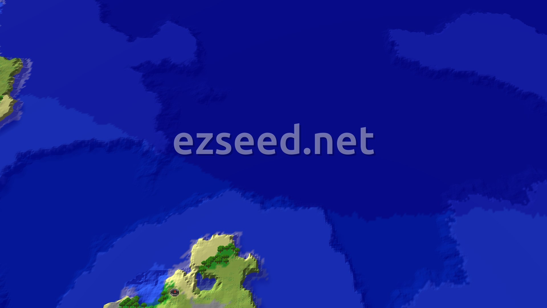 A fly-over of a small green and sandy island with scattered trees and a pond at the bottom, surrounded by a wide expanse of dark blue ocean.