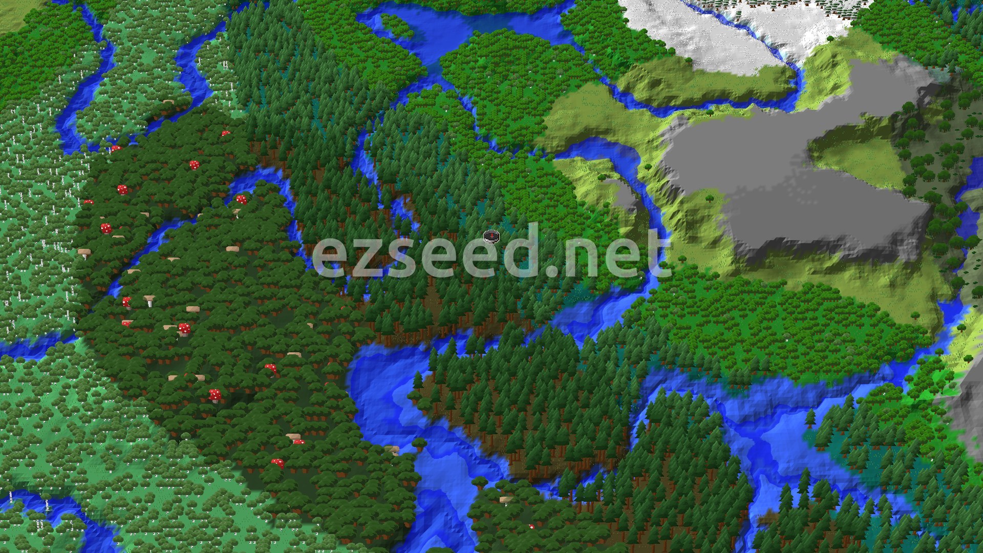 Spruce forest cut by winding blue rivers, with dark oak canopy and giant mushrooms to the west and bare grey hills and snow to the northeast.