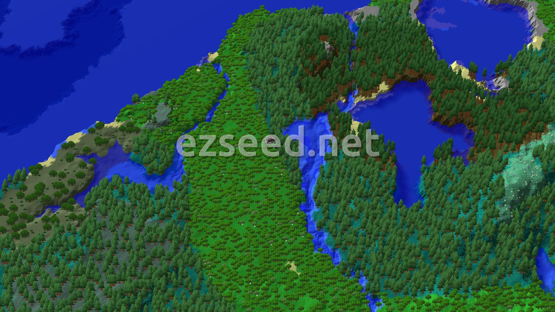 A broad band of oak forest with spruce taiga on both sides, a river cutting through it, and blue lakes and ocean at the edges.