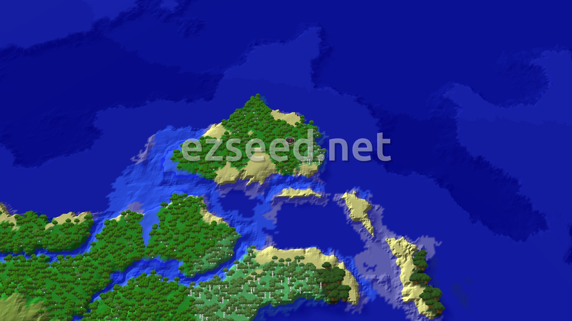 A wooded island with sandy beaches sits in deep blue ocean, with more forested and sandy shoreline in the lower foreground.