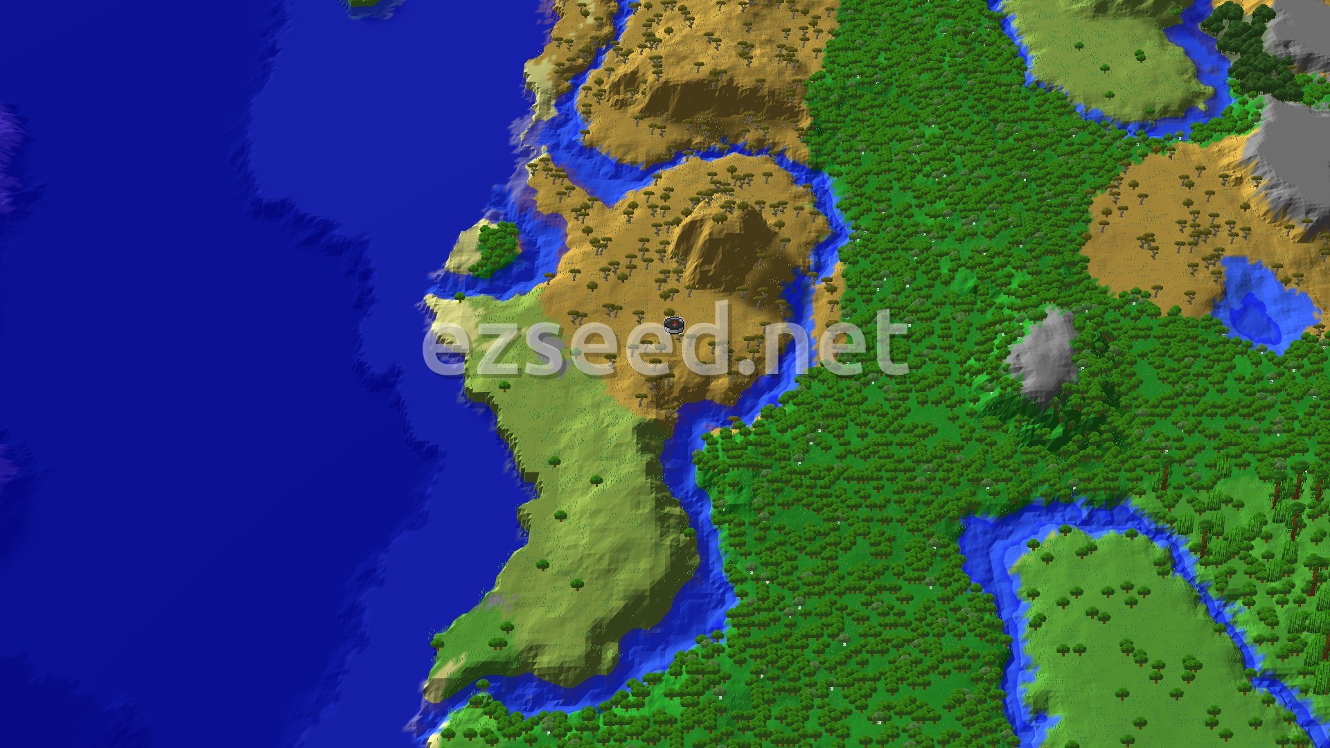 A tan savanna hill dotted with acacia trees, wrapped by a river, with dense green forest to the east and open blue ocean to the west.