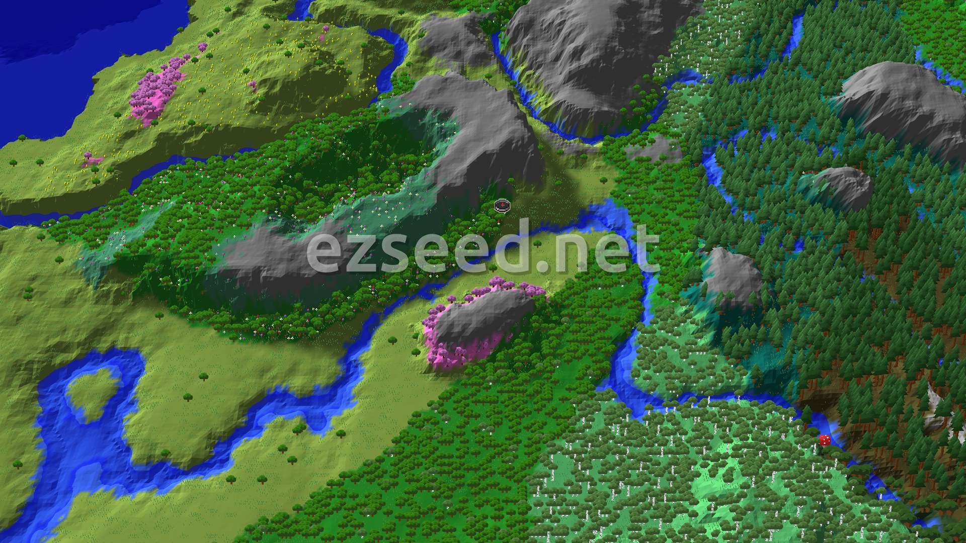 A river winds through a flowering forest and grassy meadows, with grey rock ridges, pink cherry trees on a hillside, and dense spruce and birch forest to the east.