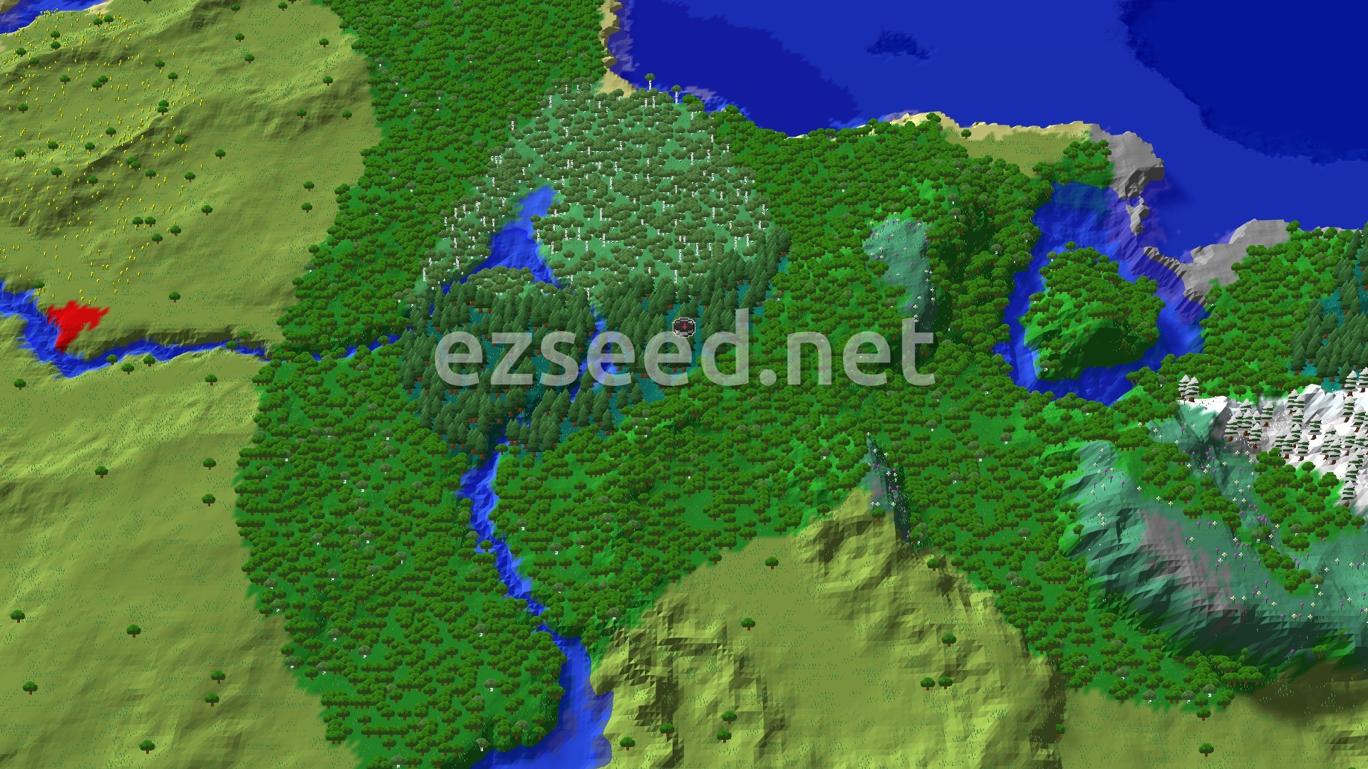 A tight pocket of dark spruce trees sits among oak and birch forest, with narrow rivers winding through it, plains to the west, a gravelly hill to the south and open water to the north.