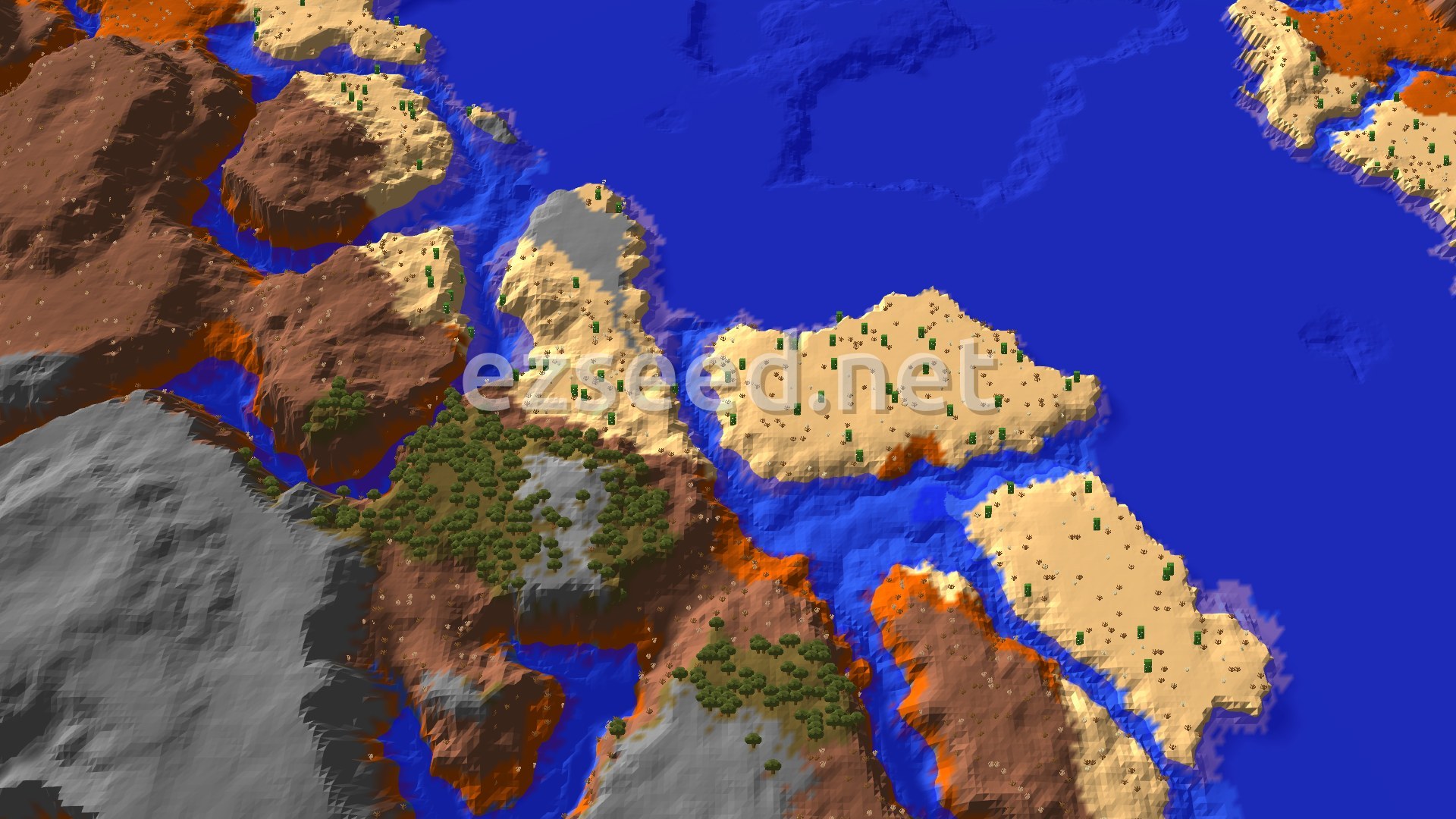 Terracotta badlands ridges and pale desert islands break up a deep blue ocean, with a patch of oak woodland and bare grey stone slopes in the foreground.