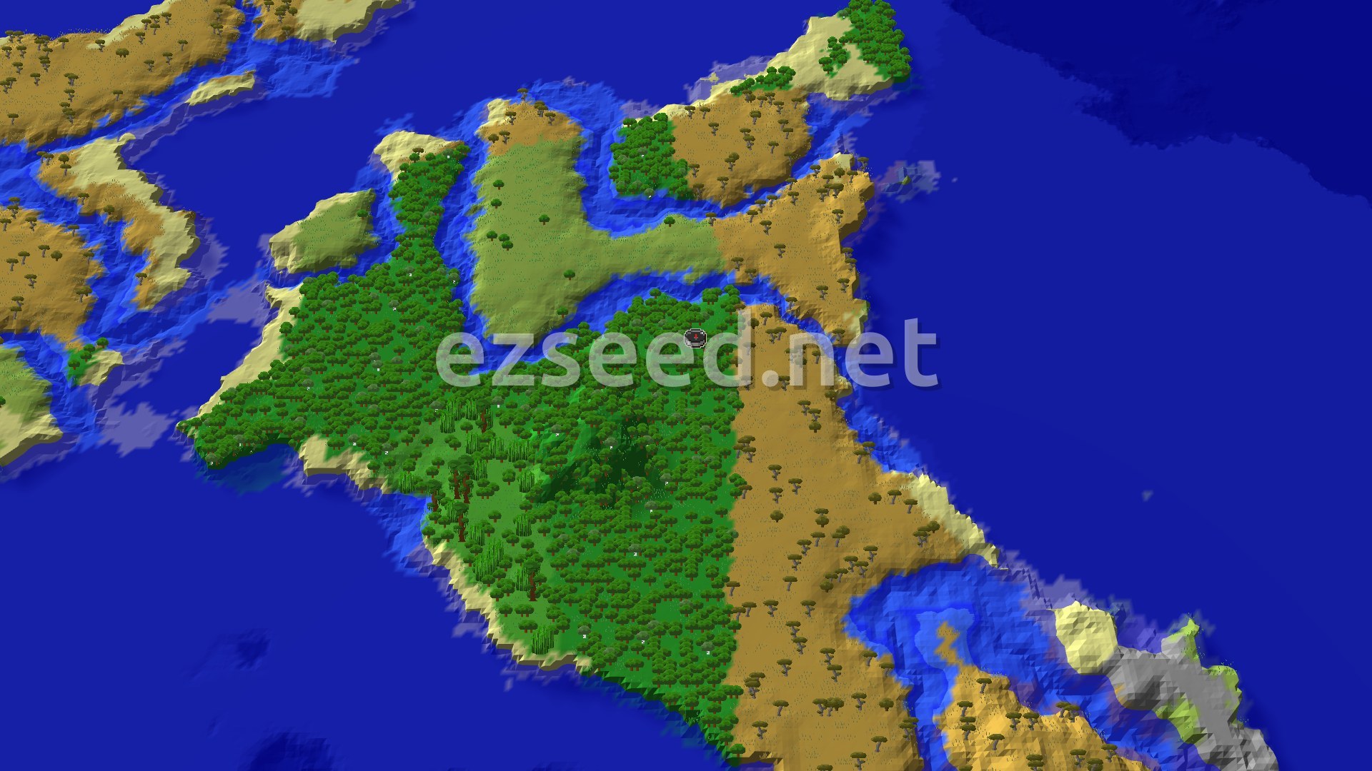 A dense green forest fills the middle of a large island, with orange savanna along its eastern edge, pale beaches, and deep blue ocean on every side.