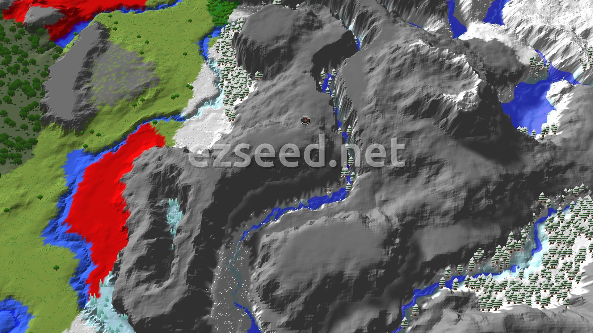 A 3D fly-over of a snowy mountainous terrain with rivers and scattered trees. The central area features dramatic grey peaks, with snowy plains and forests spreading outwards.