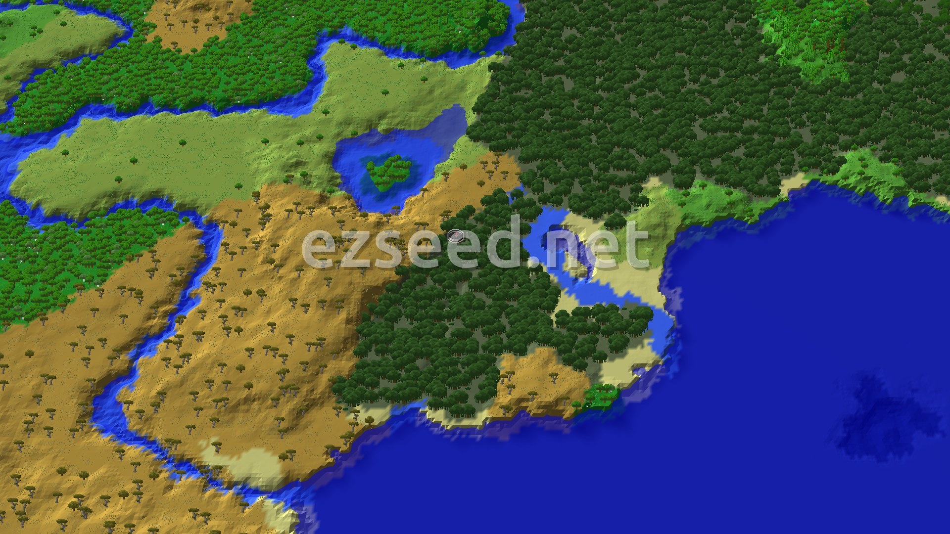 An aerial view of a varied landscape, showing dense green forests, lighter green plains, tan savannas with scattered trees, and blue rivers and oceans. A small marker indicates the spawn point.