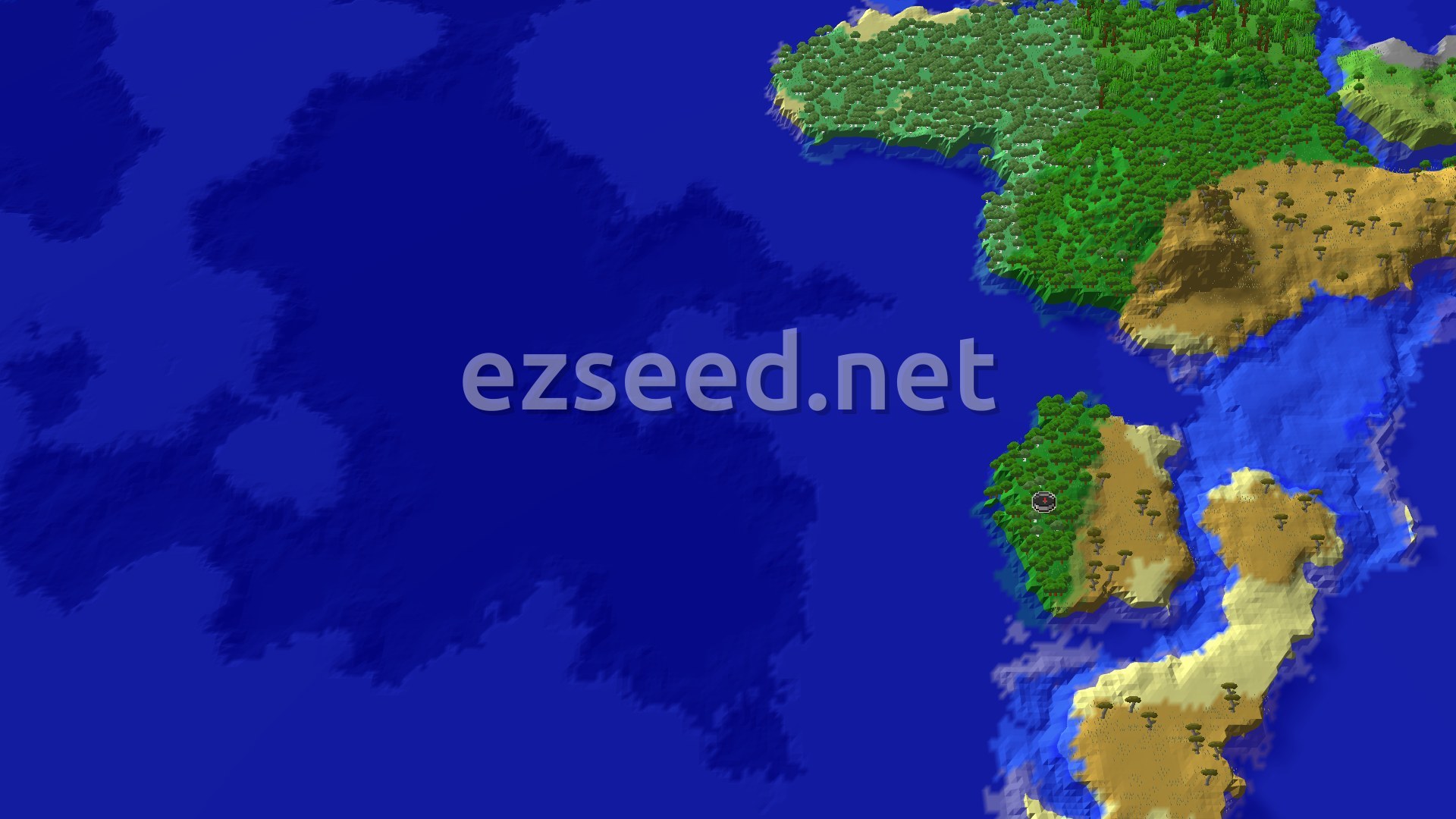 A fly-over of a small island of dark forest and dry savanna with sandy shores, surrounded by deep blue ocean, with a larger forested landmass to the north-east.