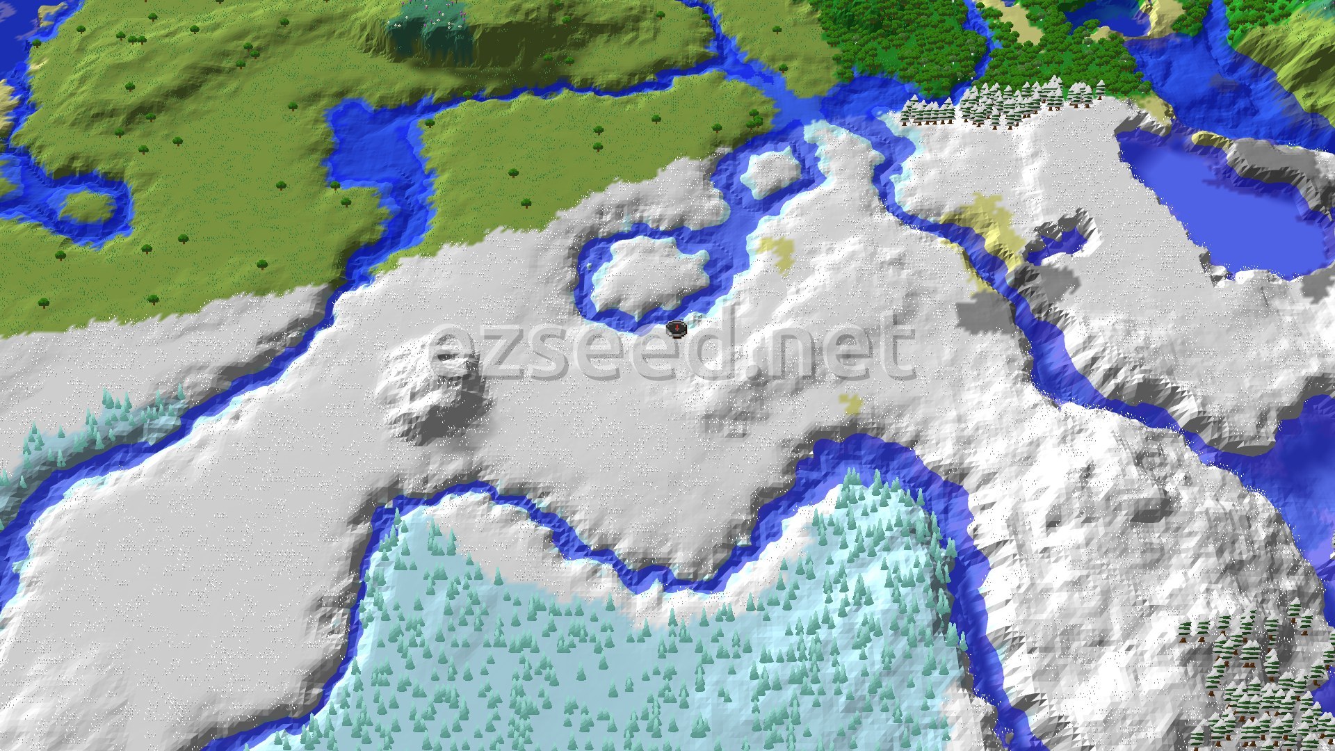 A wide white snowfield cut by blue frozen river channels, with green plains to the northwest, a frosted spruce forest to the south and dense green forest at the top right.