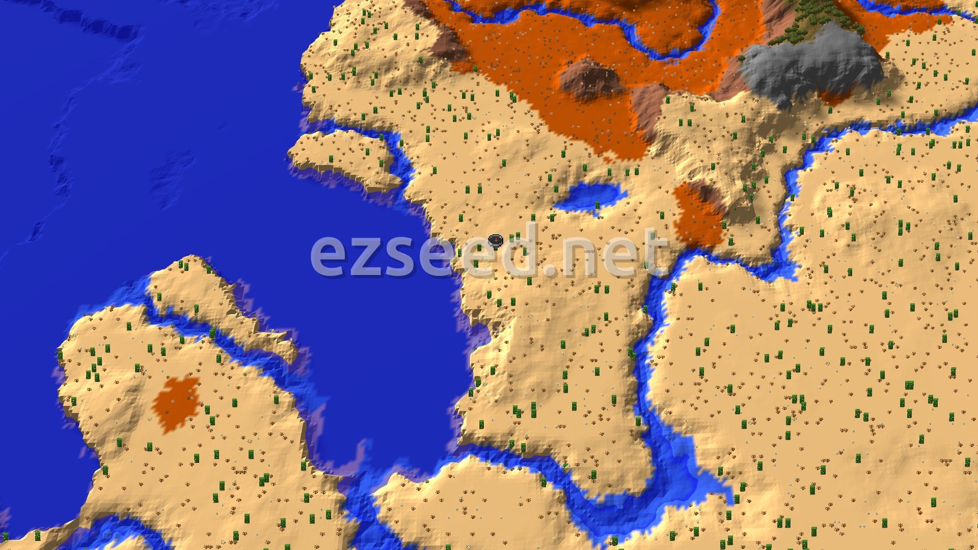 A sandy desert dotted with cacti and dead bushes, with a deep blue warm ocean to the west, a small pond, rivers cutting through, and orange badlands and a grey hilltop to the north.