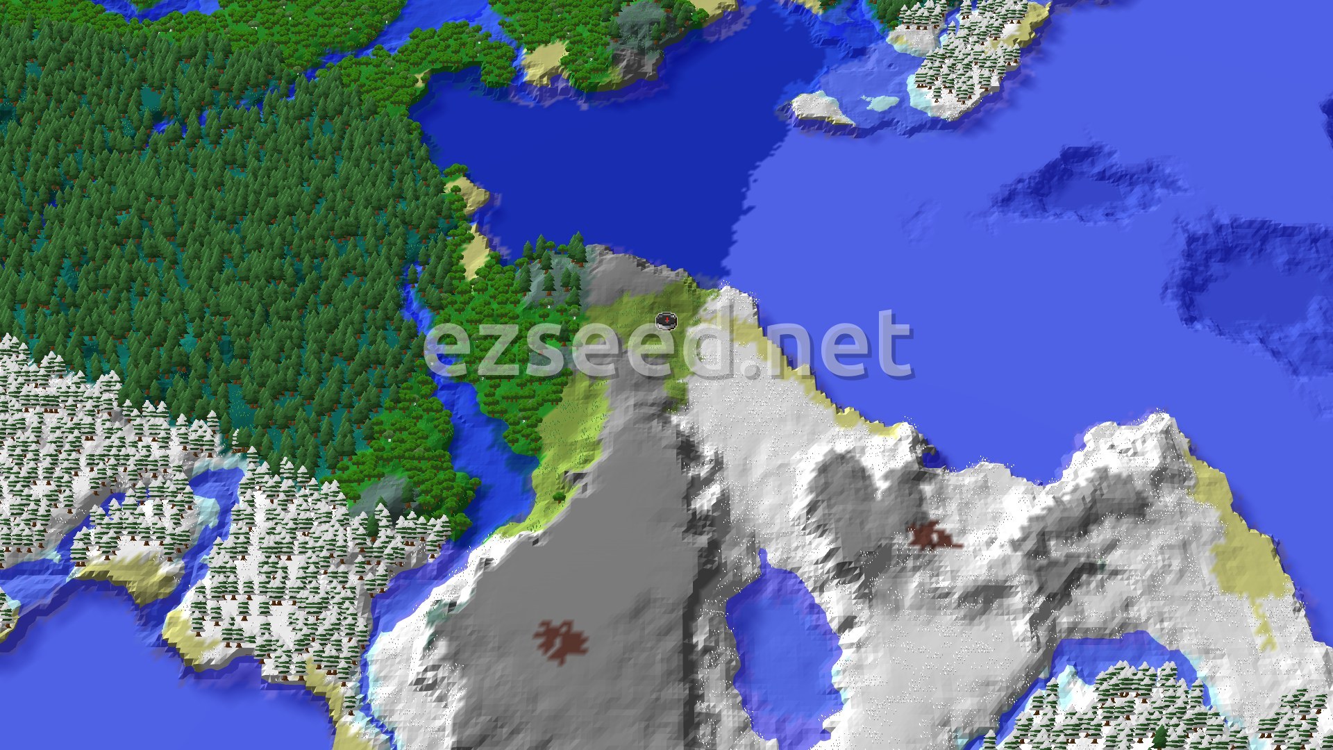 A 3D fly-over of a varied Minecraft landscape, showing a dark green forest, light green plains, white snowy mountains and trees, and deep blue water, with a small spawn marker in the center of a windswept hill.