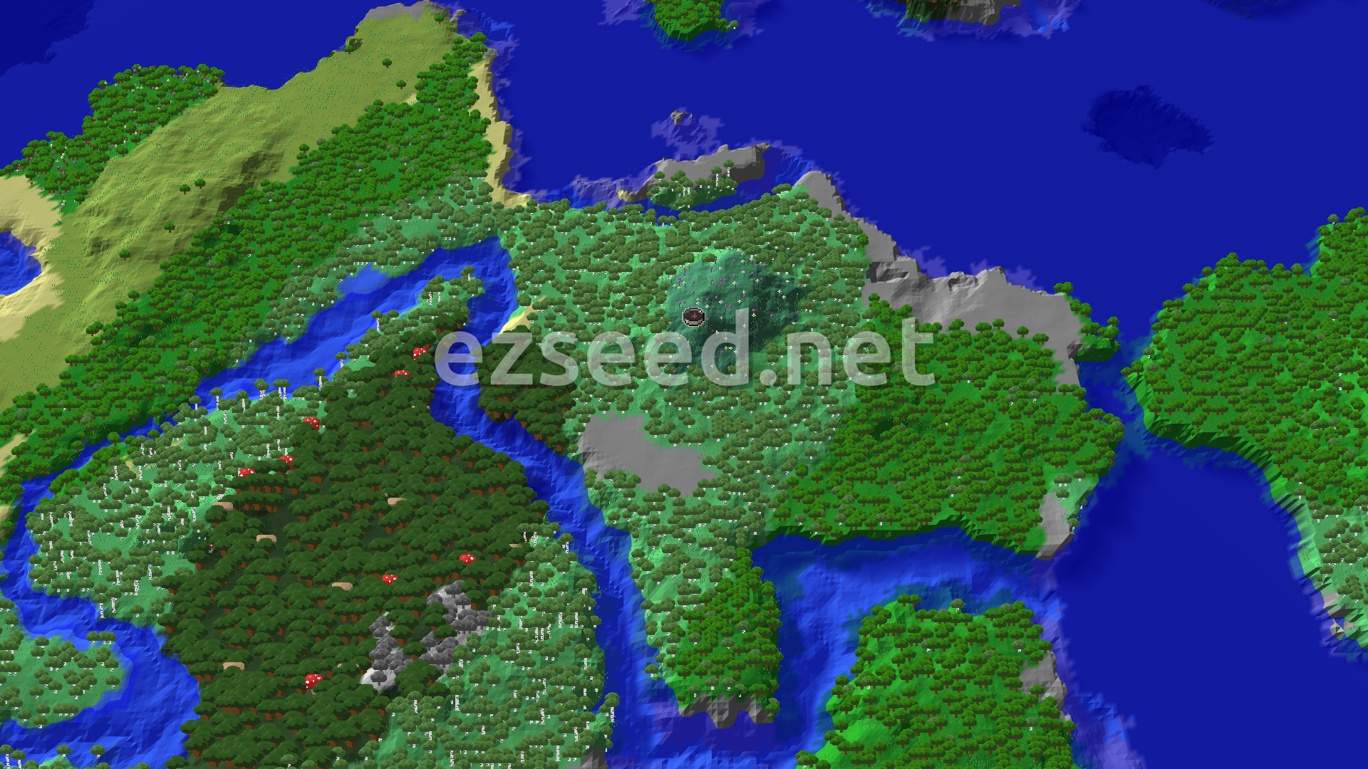 A dense green island of birch and dark oak forest ringed by deep blue water, with grey rocky shores, a sandy headland to the west and a river cutting through the trees.