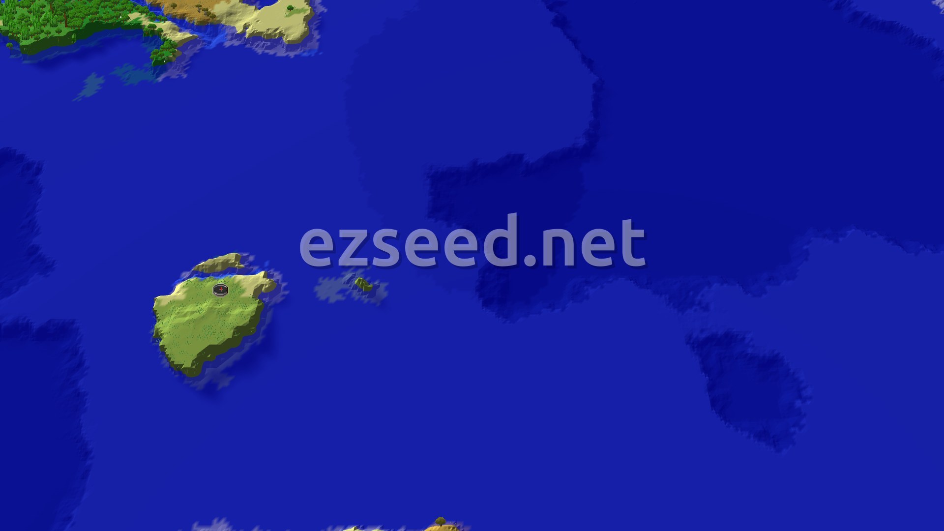 A 3D fly-over of a small, green island with sparse trees, surrounded by blue ocean, with a spawn marker in the center.