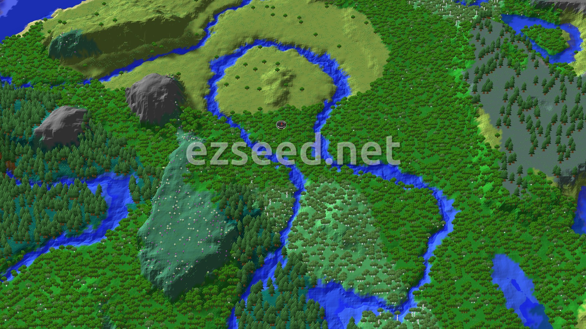 Aerial Minecraft seed map — River Village in a Taiga and Birch Forest Basin
