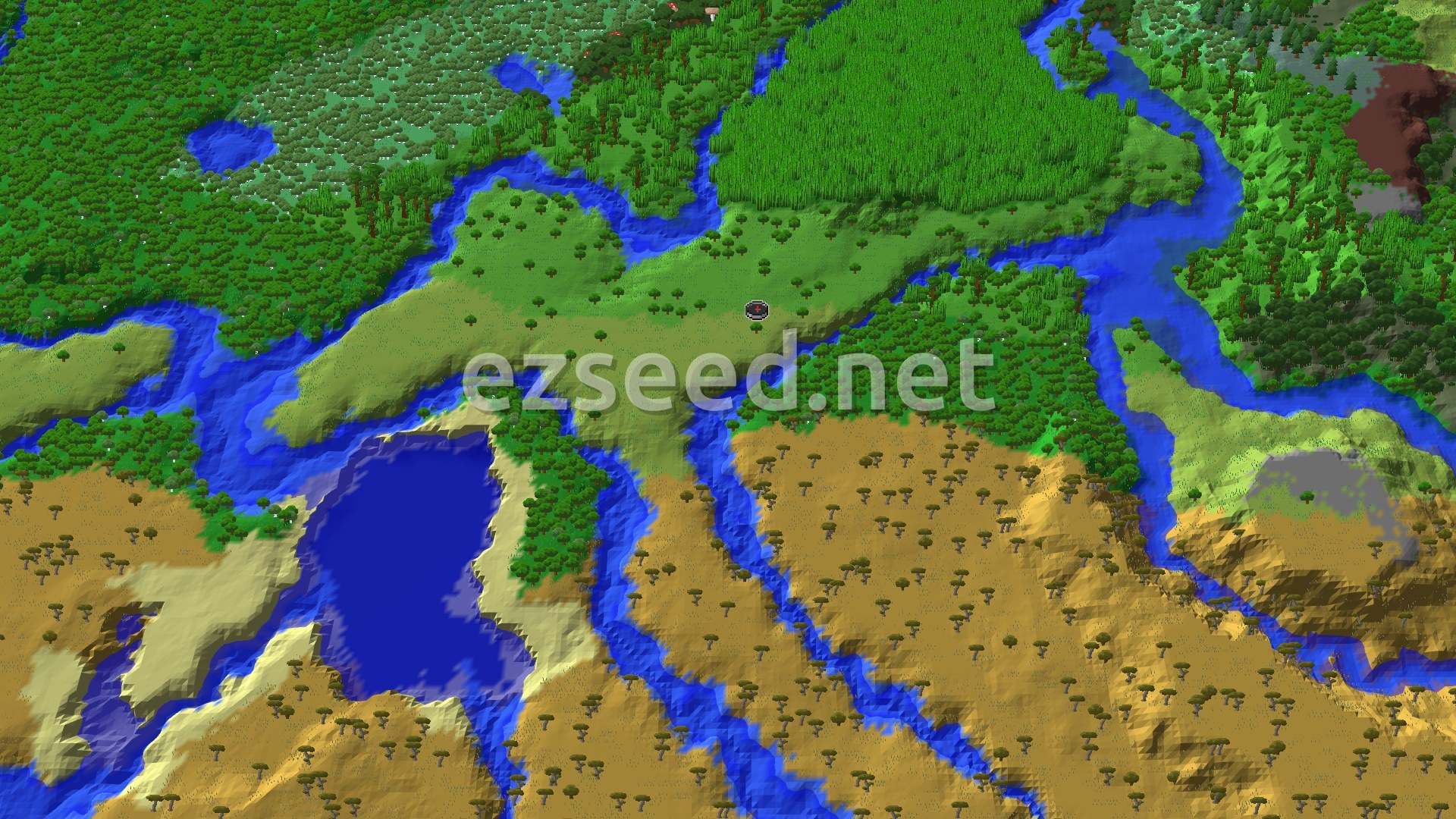 A 3D fly-over of a grassy plains spawn cut by winding rivers, with forest to the north, a lake and savanna to the south, and green hills beyond.