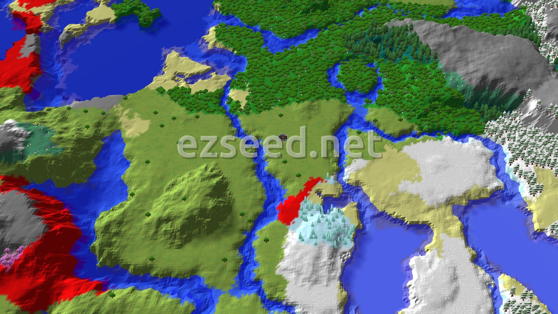 A 3D fly-over of grassy plains split by blue rivers, with dense forest to the north, snowy ground to the southeast and grey hills to the east.