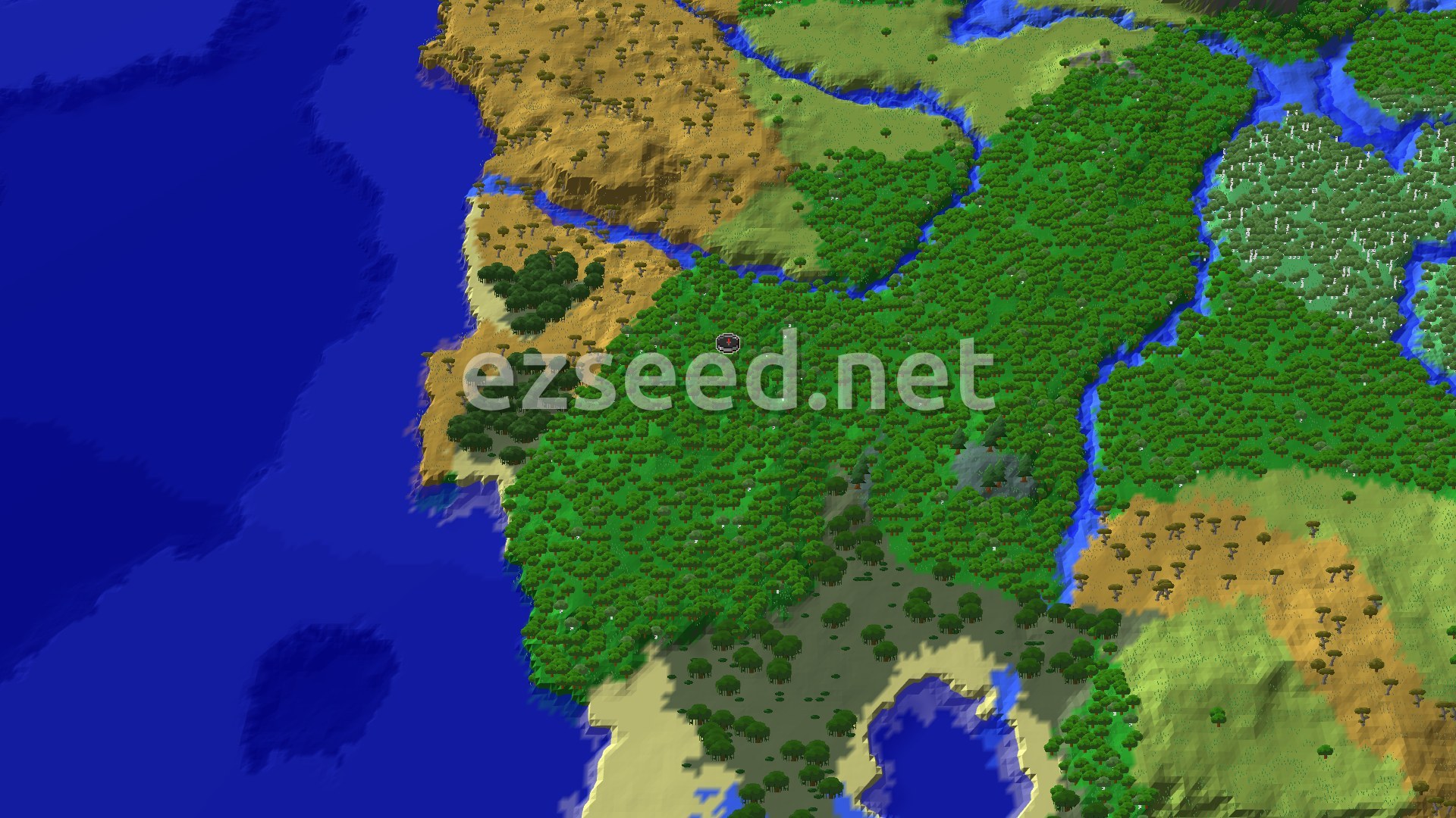 A dense forest fills the centre of the view, bordered by deep ocean to the west, savanna and sandy beach along the coast, and rivers cutting through plains and birch woods to the east.