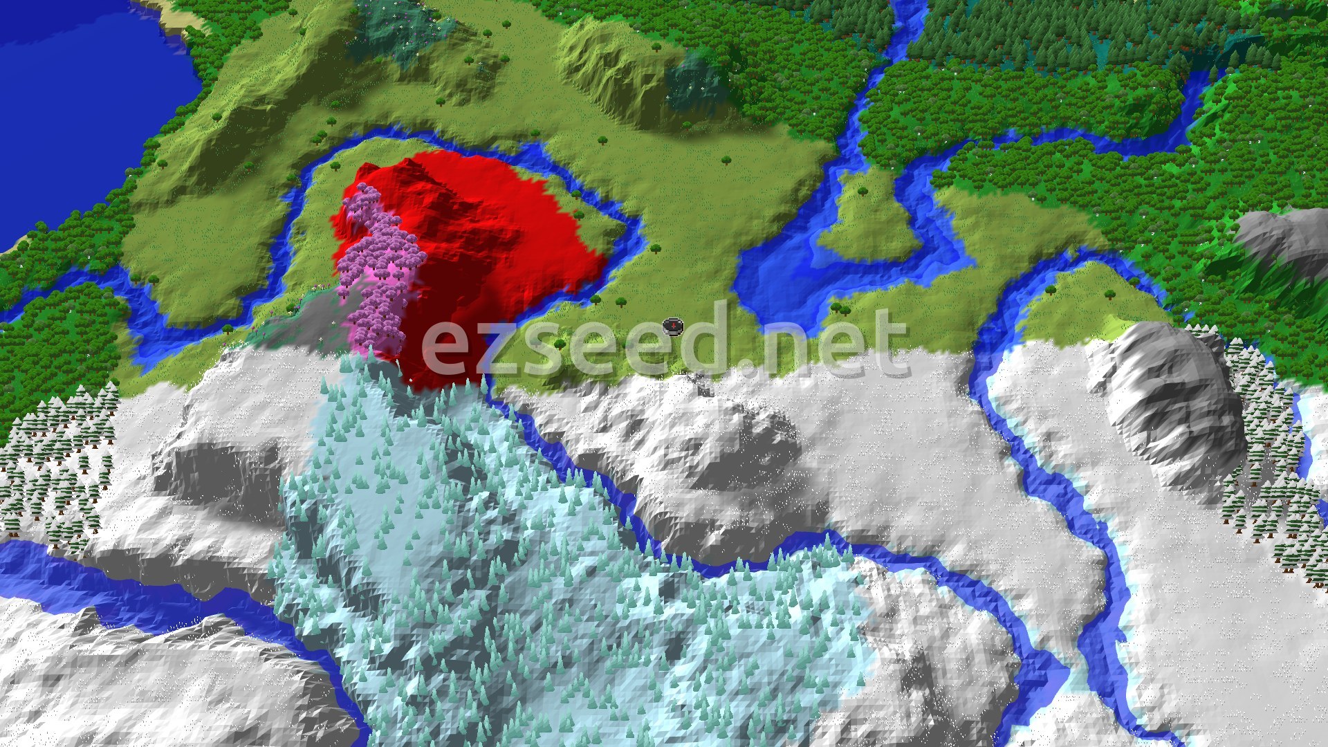 An aerial view of the spawn area shows a mix of green plains, dense forests, and snowy mountains, with a prominent red and pink Dappled Forest.