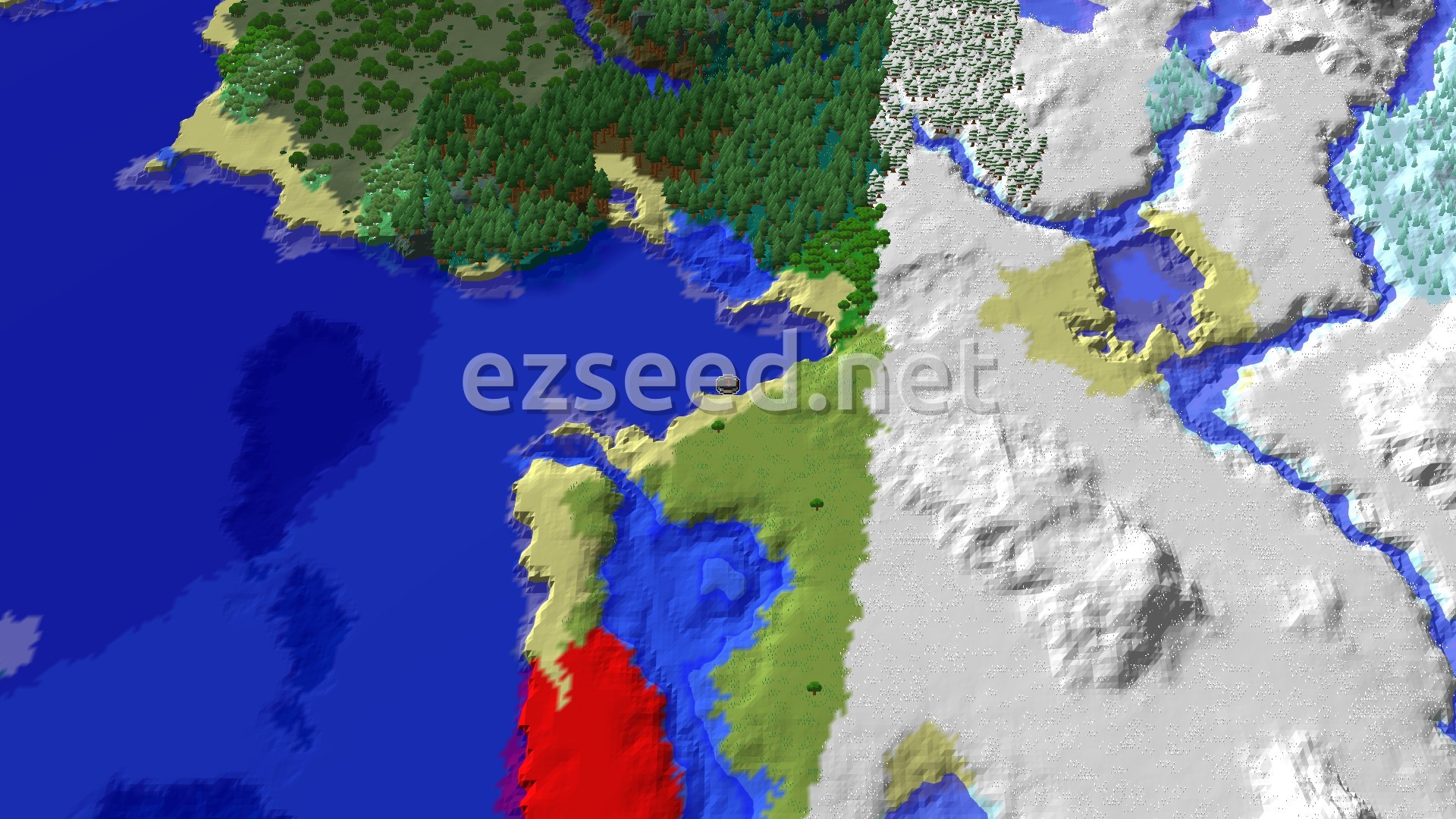 An aerial view of a varied landscape, featuring a large expanse of deep blue ocean bordering sandy beaches, lush green forests, and extensive snow-covered plains with frozen rivers.