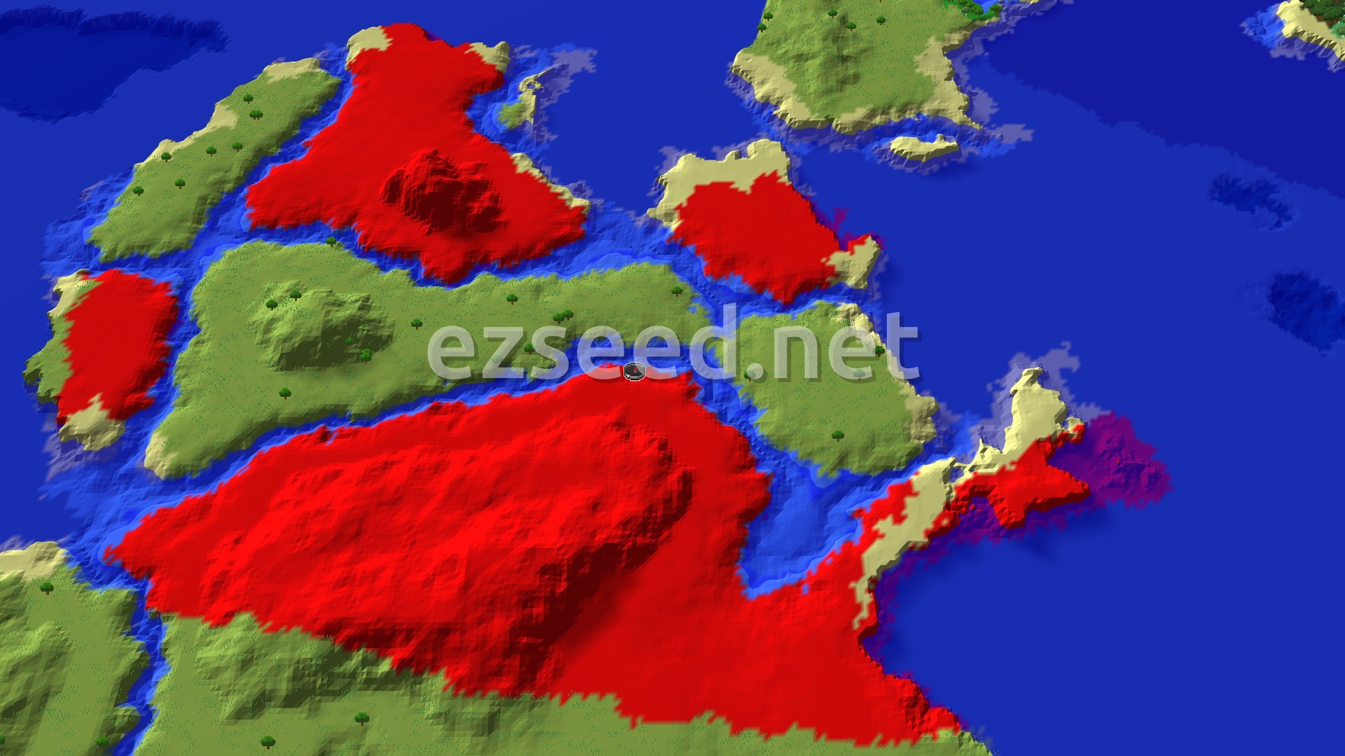 A 3D fly-over of the world spawn, showing a varied landscape of green forests and plains alongside deep blue oceans and rivers, with coastal areas featuring lighter sandy beaches. The red areas are mountains and hills, while the spawn marker is centrally located on a green landmass.