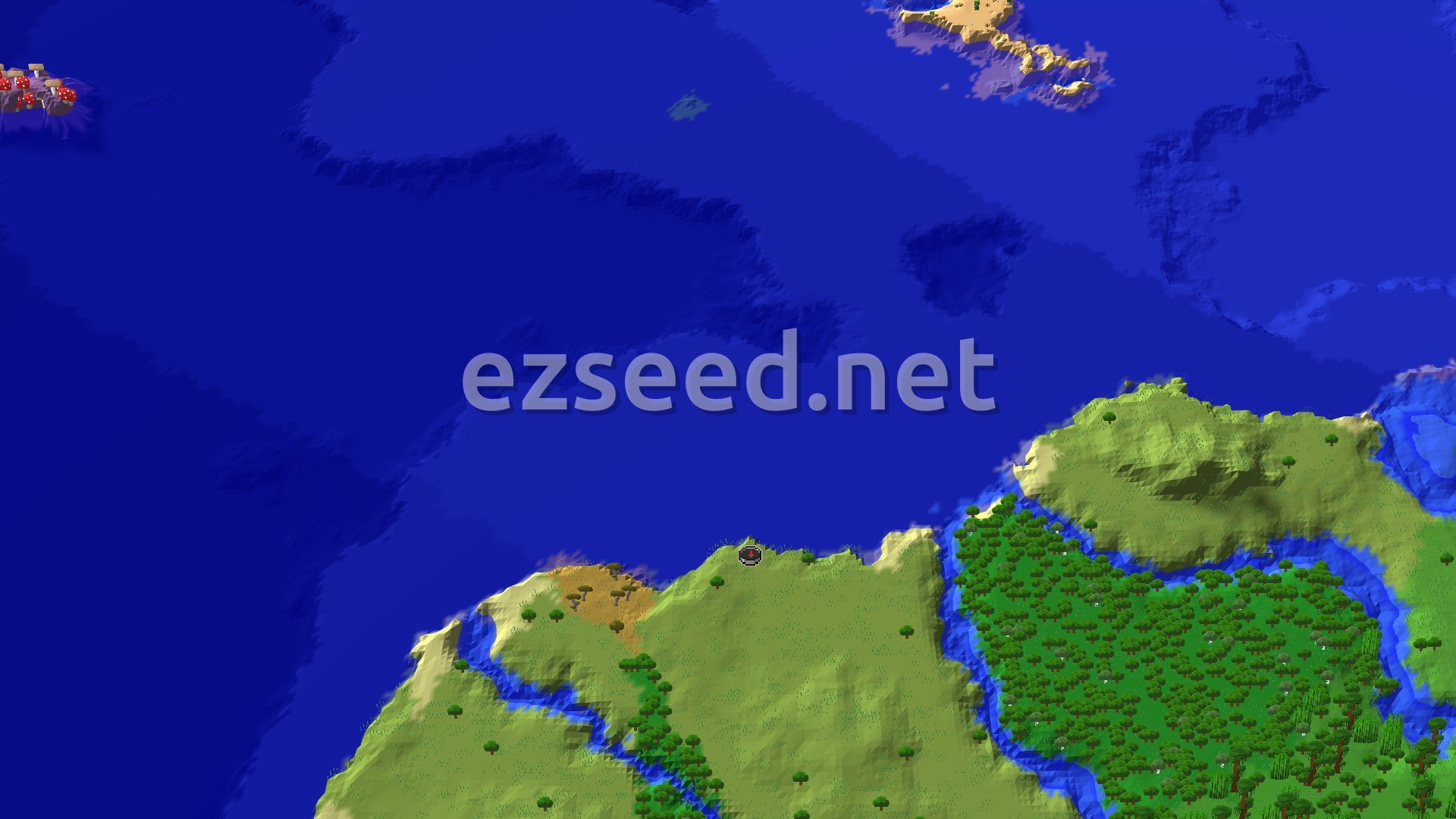 A grassy plains headland juts into deep blue ocean, with a dense green forest and a small river inlet to the east and a mushroom island on the far left edge.