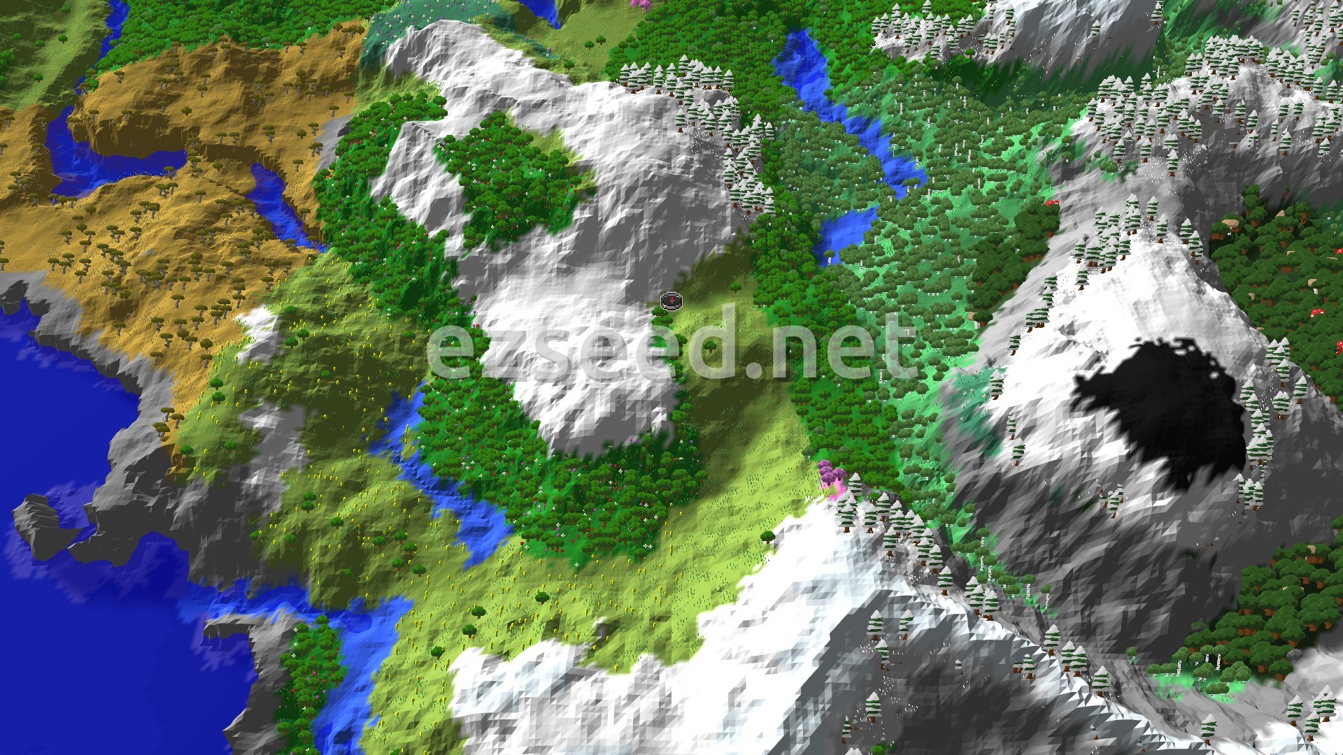 A grassy valley ringed by snow-covered mountains, with dense green forest, a few blue streams, an orange savanna plateau and open ocean on the left edge.