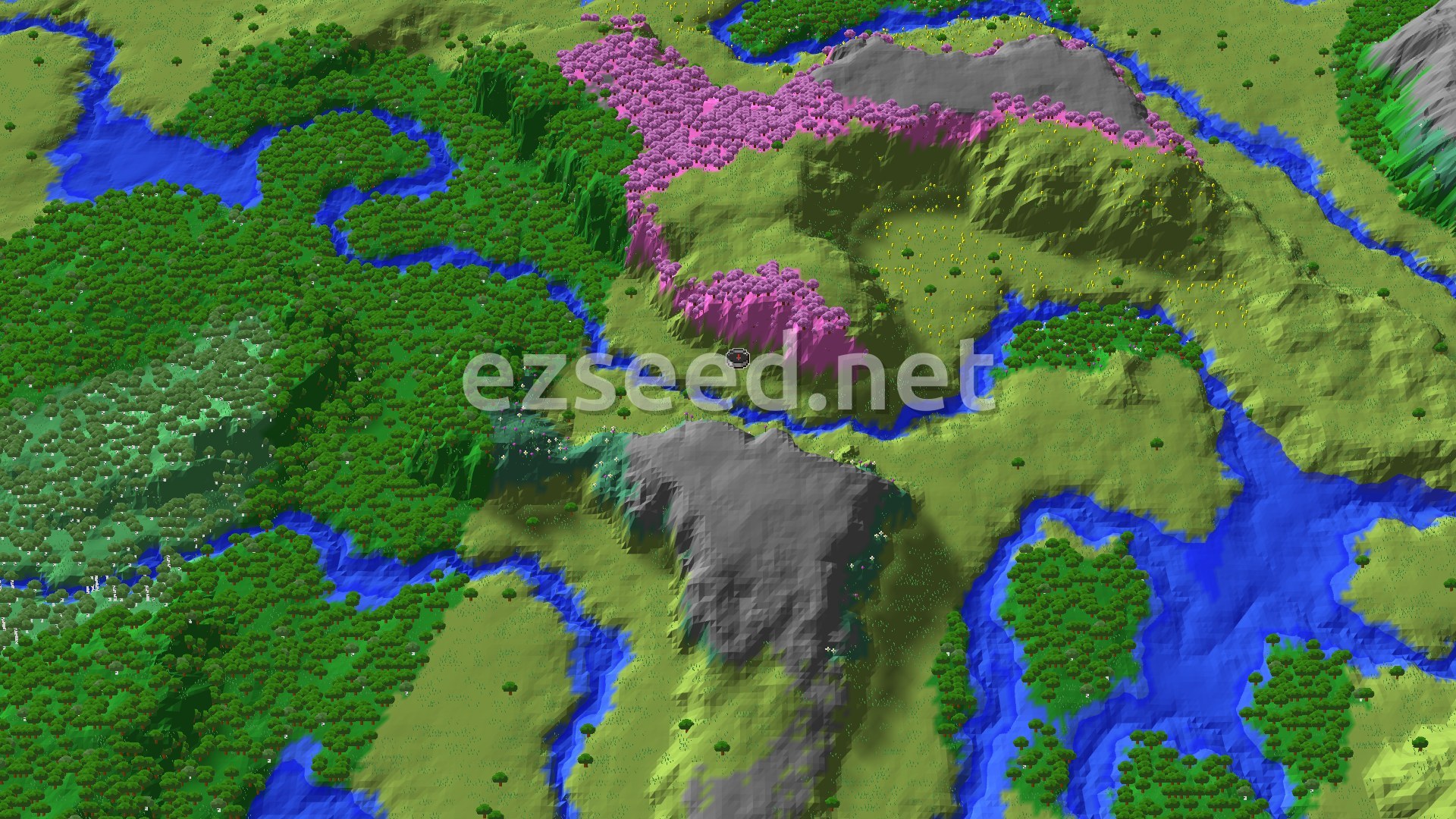 A fly-over of green plains cut by blue rivers, with a pink cherry grove on a ridge just north of spawn, dense forest to the west and bare grey rock outcrops.