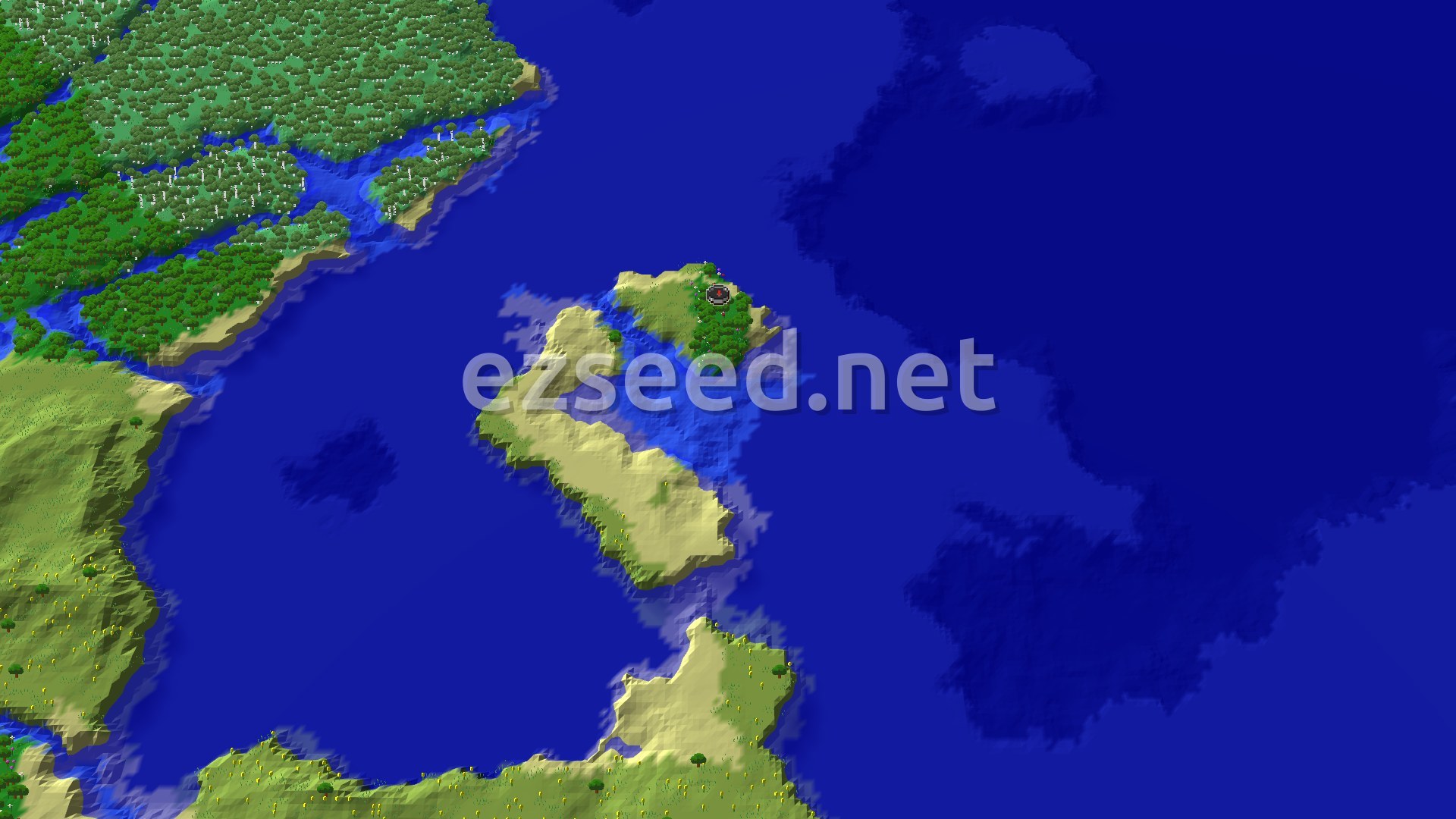 A small, tree-covered island, mostly flat, sits in a vast blue ocean. The island is surrounded by water, with larger landmasses visible in the distance.
