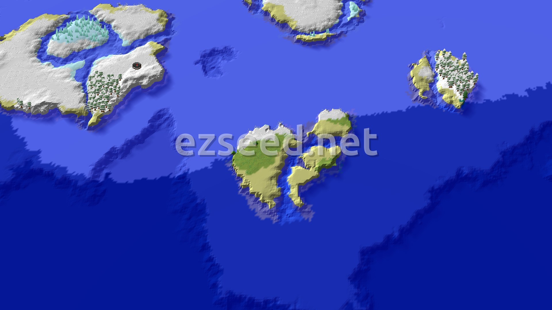 A fly-over of snow-covered islands separated by wide stretches of deep blue ocean, with spruce trees on the white hills and sandy beaches at the edges.