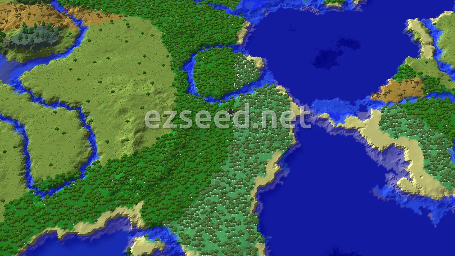 An aerial view shows a large forest and plains biome with a river winding through, leading to an ocean. A small marker indicates the spawn point within the forest.