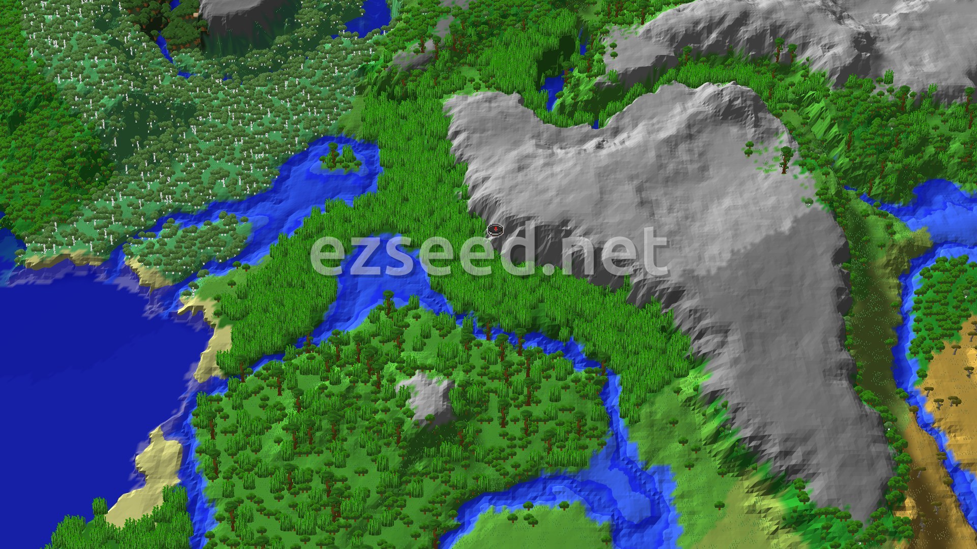 A 3D fly-over of a bamboo thicket and jungle canopy beside blue water, with bare grey rock rising on the right and birch forest to the upper left.