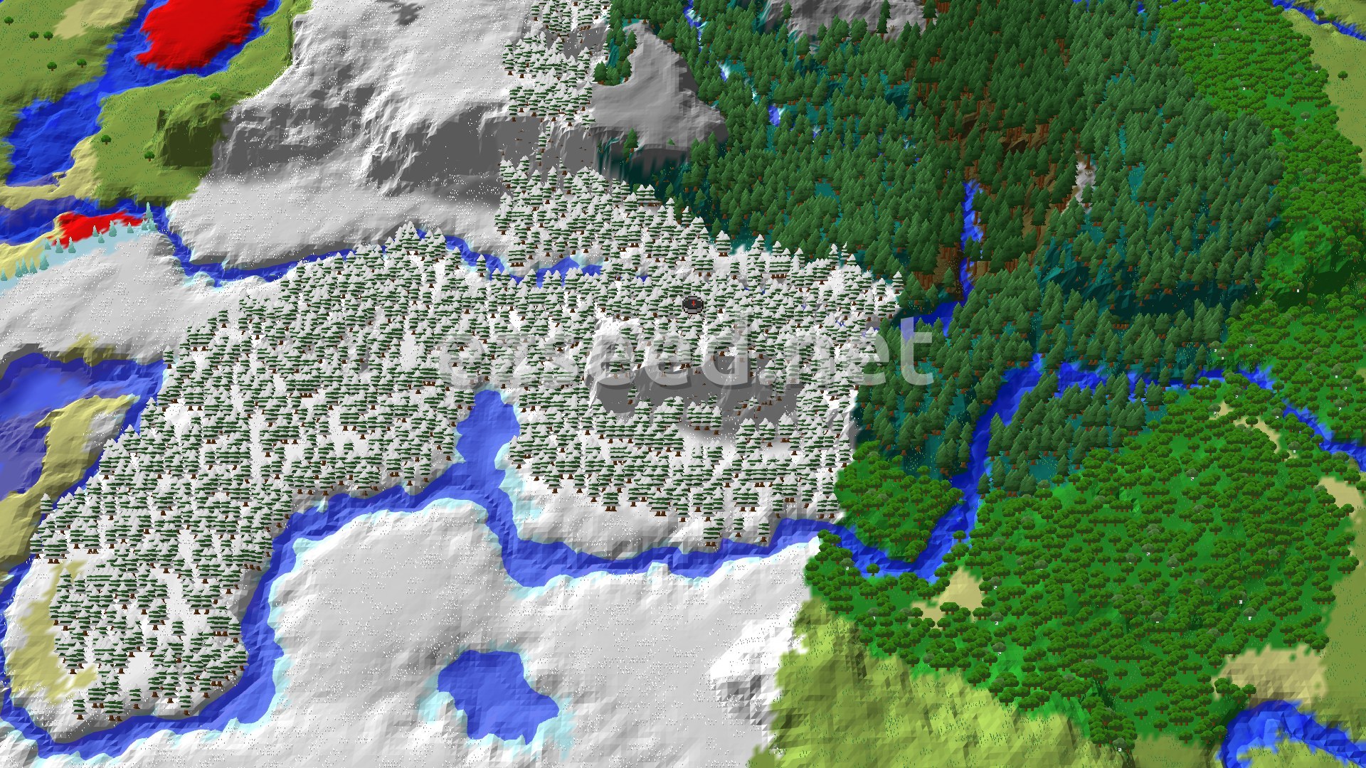 Snow-dusted spruce trees cover the ground at spawn, with a frozen river bending past a dense green taiga to the east and open snowy plains to the south.