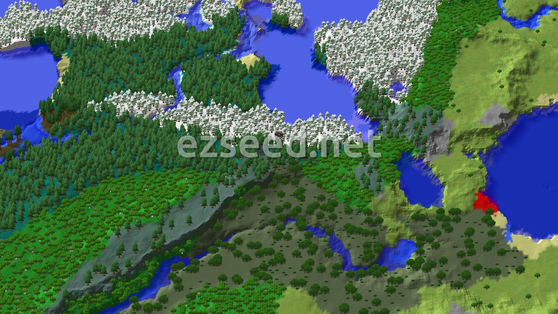 An aerial view showing a snowy taiga forest blending into a greener forest, with bodies of water and some rolling hills.