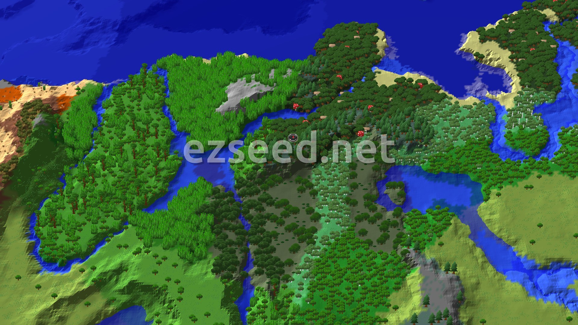 An aerial view of a varied landscape with dense green forests, winding rivers, and patches of lighter sandy terrain near dark blue ocean.