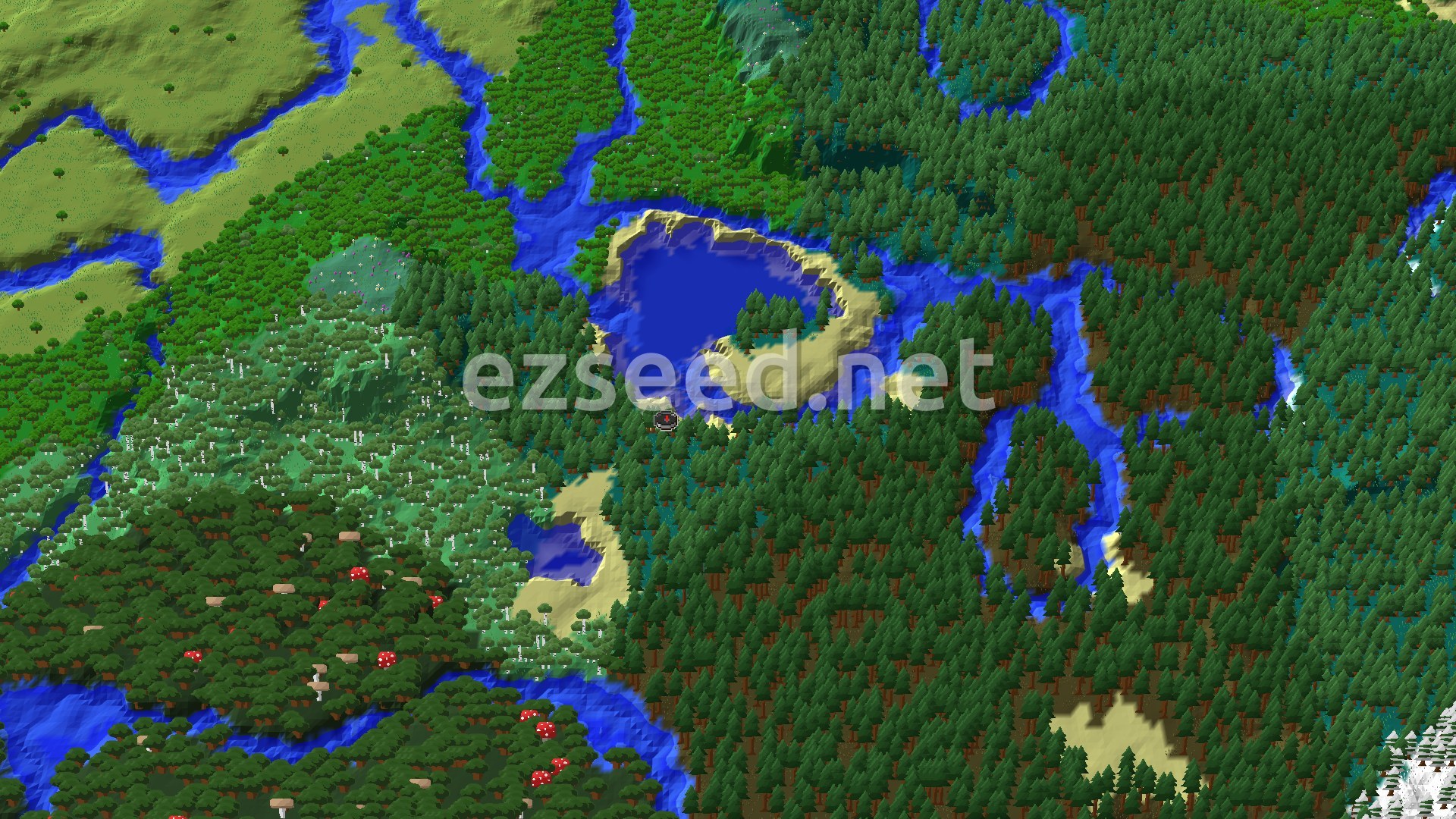 Dense spruce forest wraps a sandy-edged lake and winding rivers, with birch and mushroom-dotted dark forest to the west and open plains in the far corner.