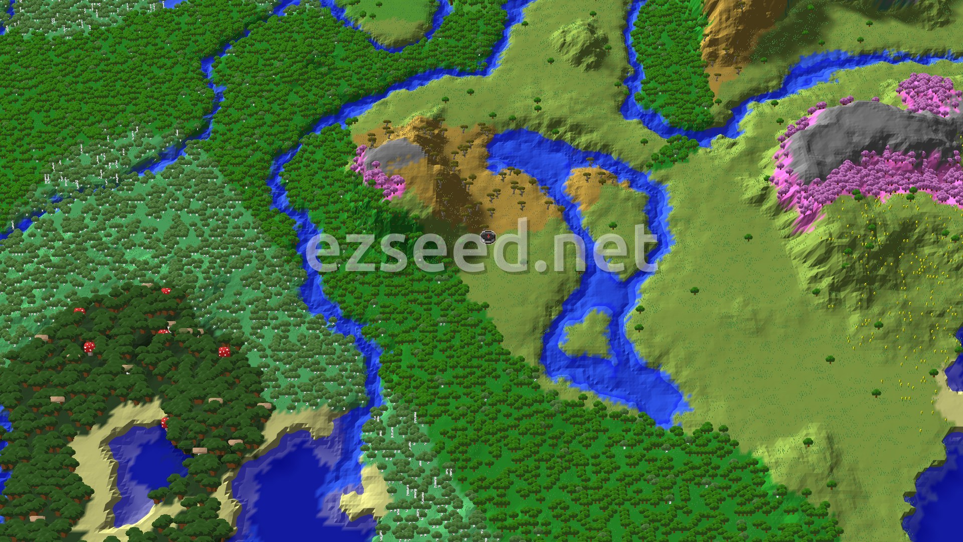 An overhead view of rolling green plains, winding blue rivers, and patches of pink cherry blossom trees, with a small savanna area and dark forest off to the side.