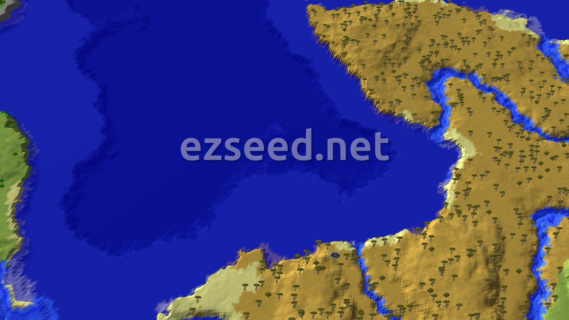 A 3D fly-over of a savanna coastline with scattered acacia trees, pale beach sand, narrow rivers and a wide bay of dark blue ocean.