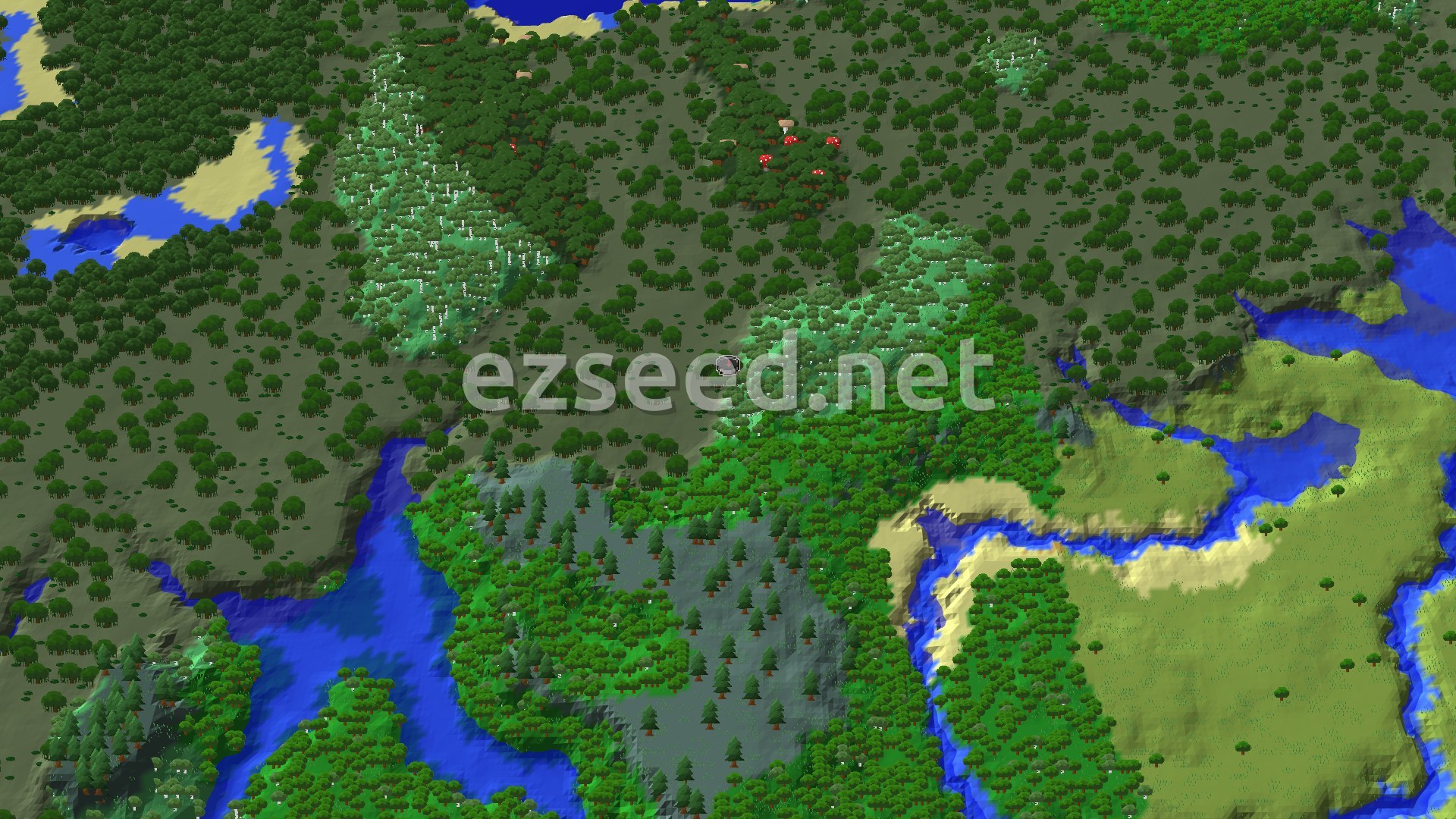 A fly-over of dark swamp canopy around spawn, with pale birch groves, a rocky forested hill, winding blue water and sandy shores.