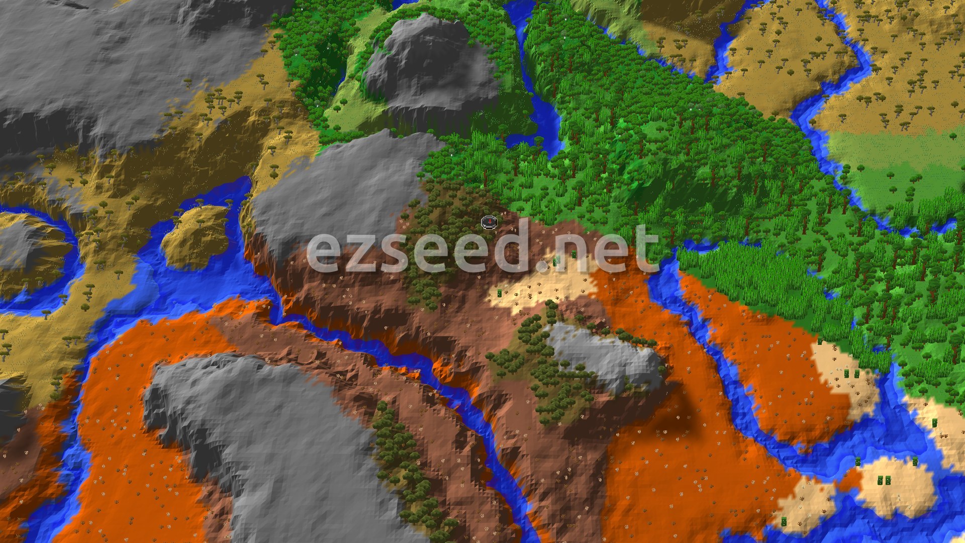 Aerial Minecraft seed map — Wooded Badlands Spawn Ringed by Jungle, Desert and Savanna