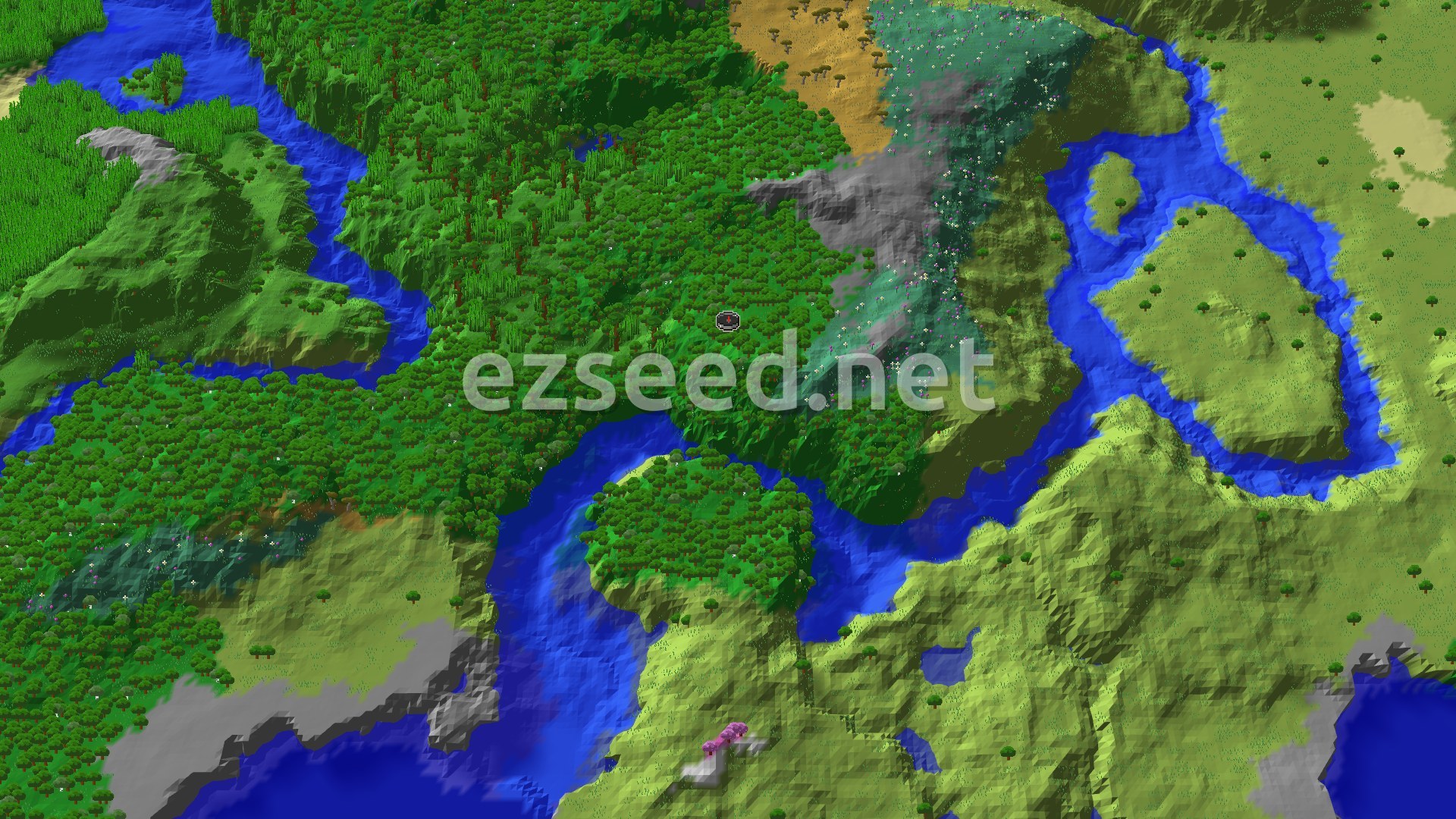 A fly-over of dense forest around the spawn marker, with a meadow strip to the east, rivers curving through the lowlands and open plains beyond.