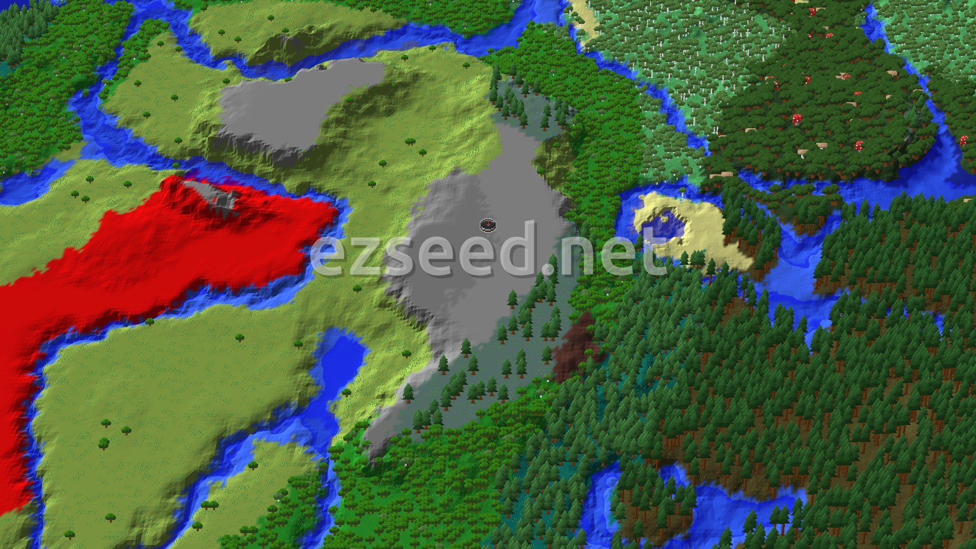A bare grey gravel hill at the centre, with grassy plains and river channels to the west and dense spruce and dark forest to the east.