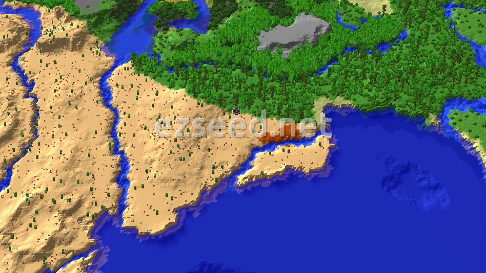 An aerial view showing a desert leading to a warm ocean, with a dense jungle and mountains beyond.