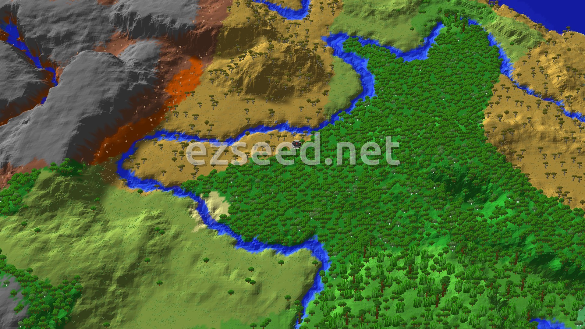A bird's eye view of a dense green forest in a valley, bordered by a blue river and lighter green plains, with yellow savanna and orange badlands in the distance.