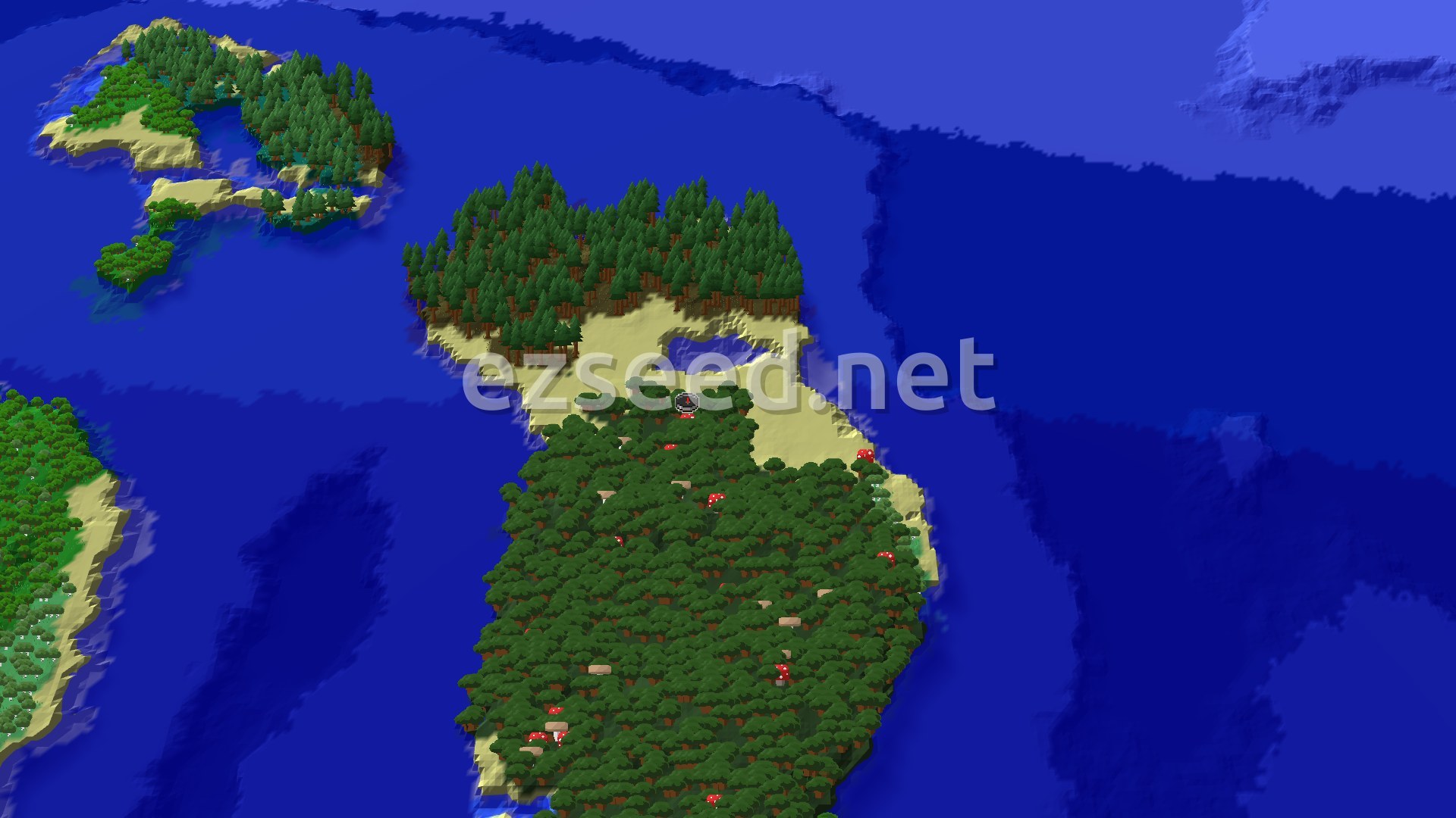A narrow peninsula of dense dark oak forest with red mushrooms, ending in a sandy beach and a spruce-covered headland, surrounded by deep blue ocean and smaller forested islands.