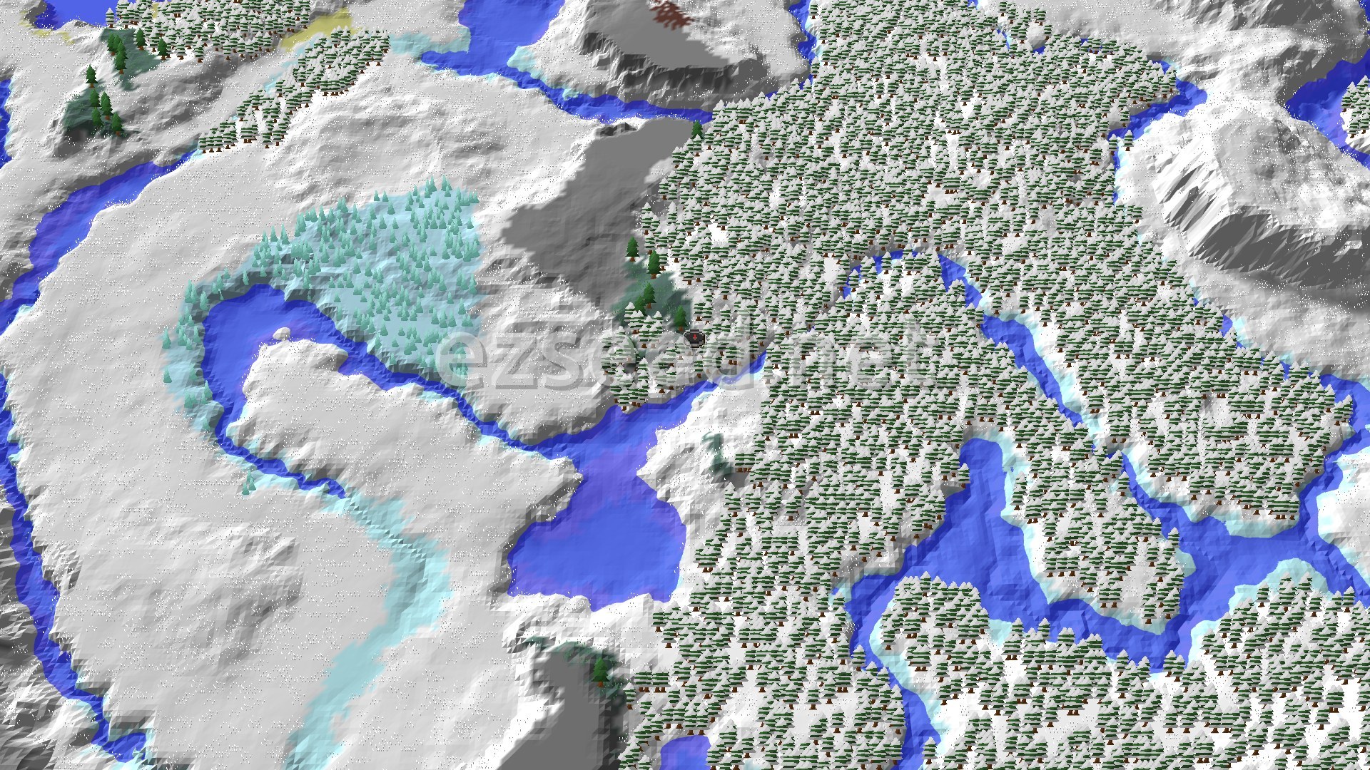 A fly-over of snow-covered spruce forest with winding frozen rivers, open white plains to the west and grey hills at the edges.